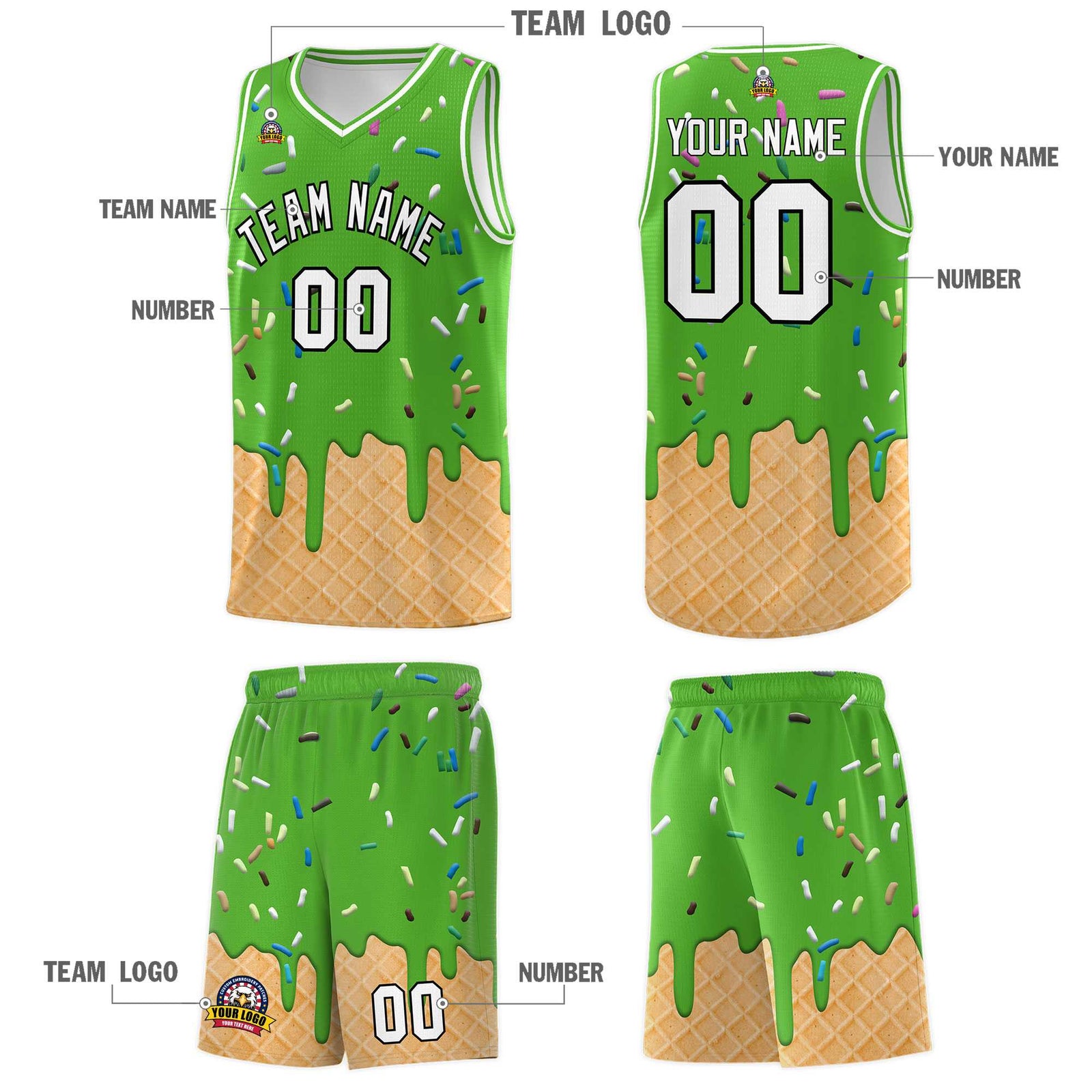 Custom Light Green Basketball Kits with Ice Cream Element Pattern