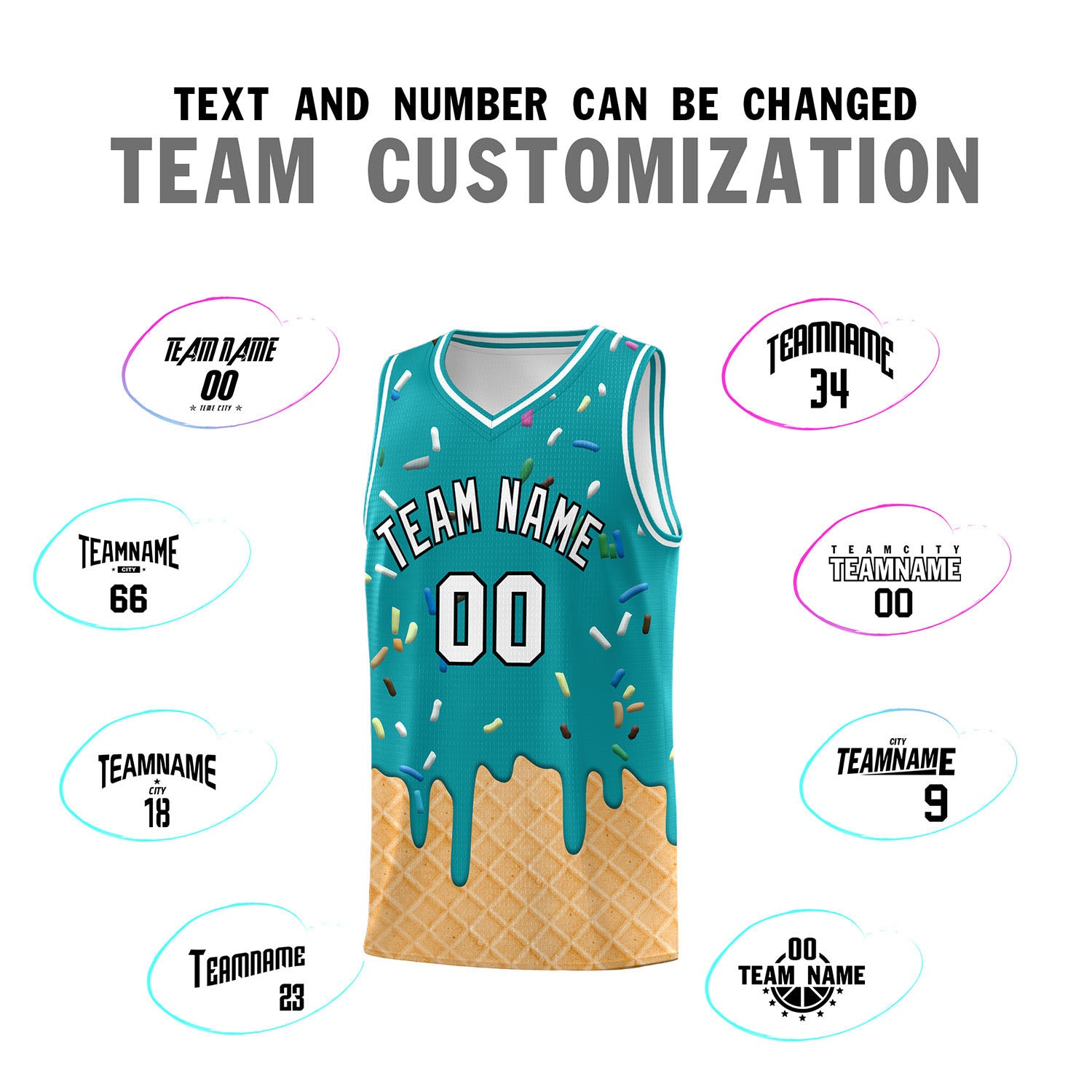 Custom Aqua Basketball Kits with Ice Cream Element Pattern