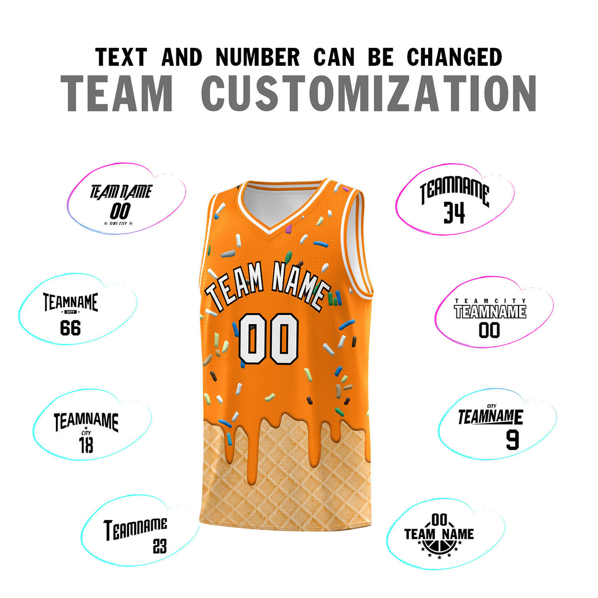 Custom Orange Basketball Kits with Ice Cream Element Pattern