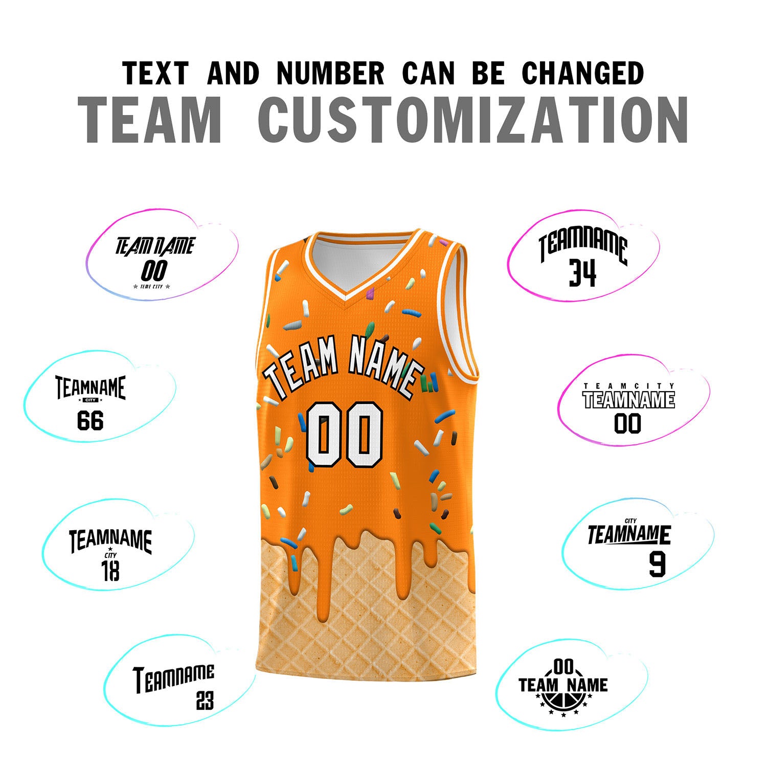 Custom Orange Basketball Kits with Ice Cream Element Pattern