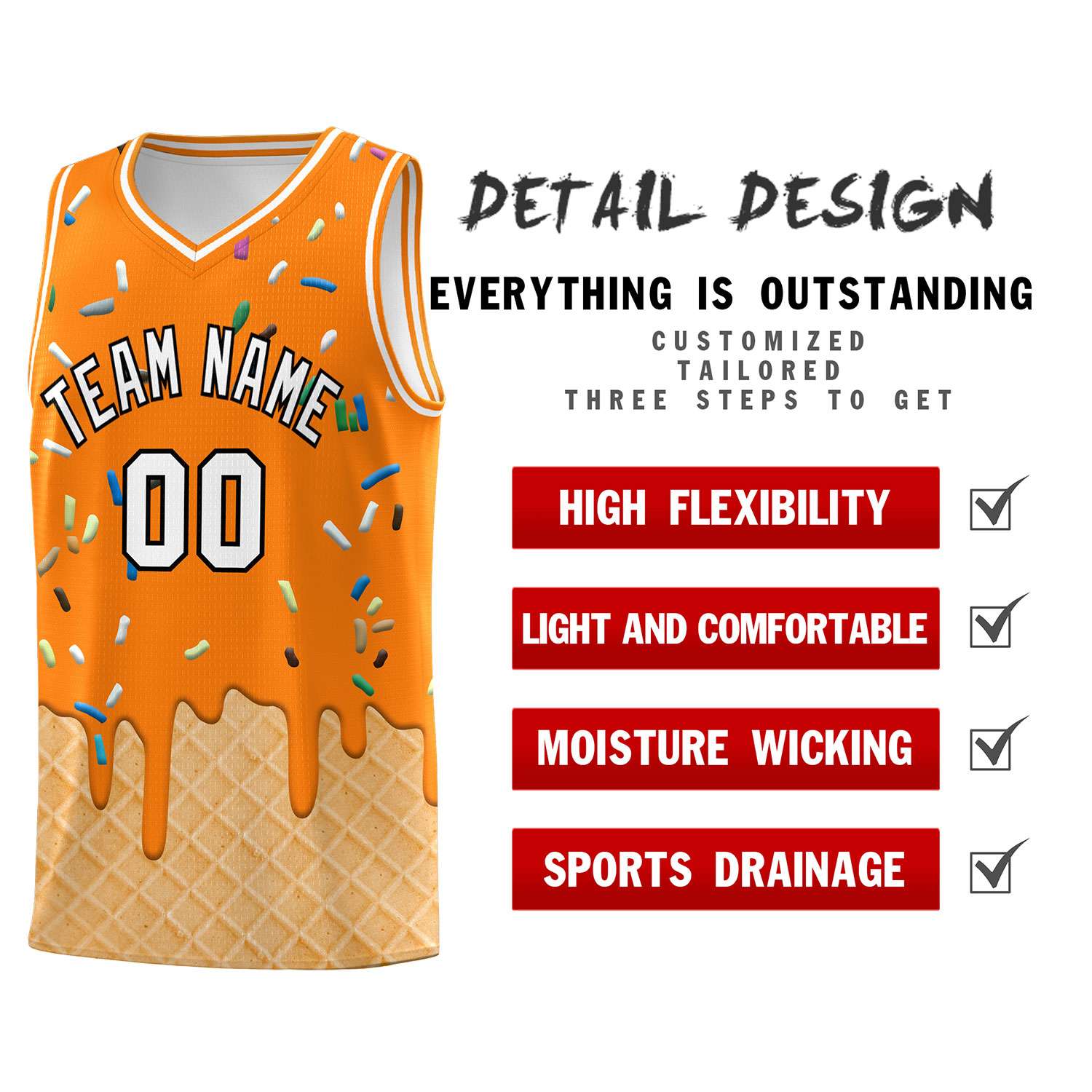 Custom Orange Basketball Kits with Ice Cream Element Pattern