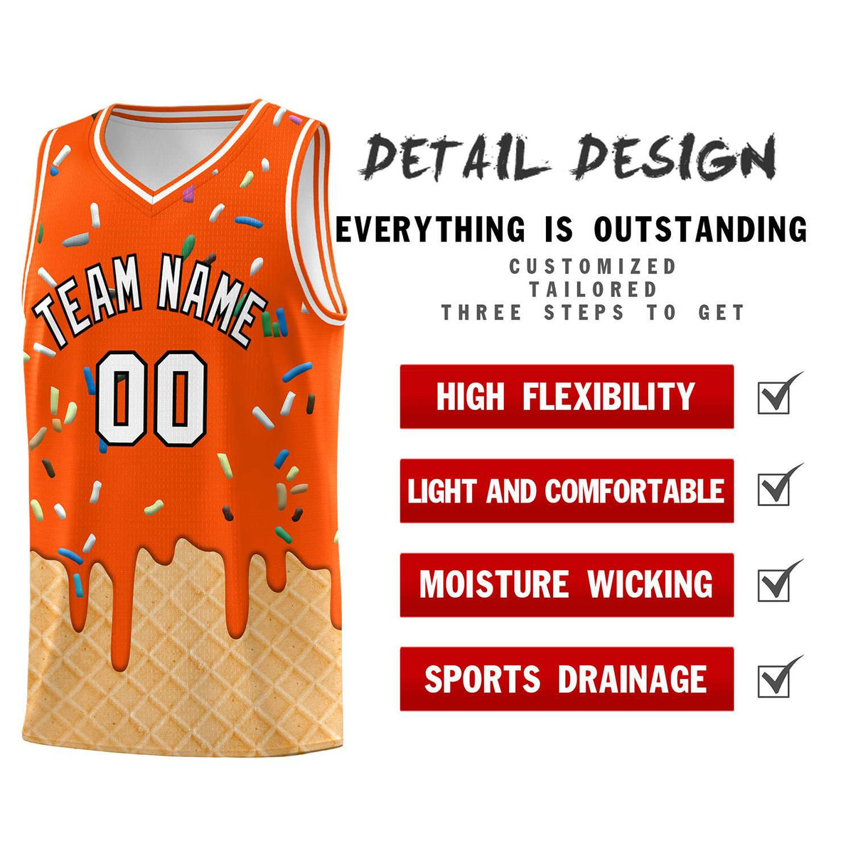 Custom Orange Basketball Kits with Ice Cream Element Pattern