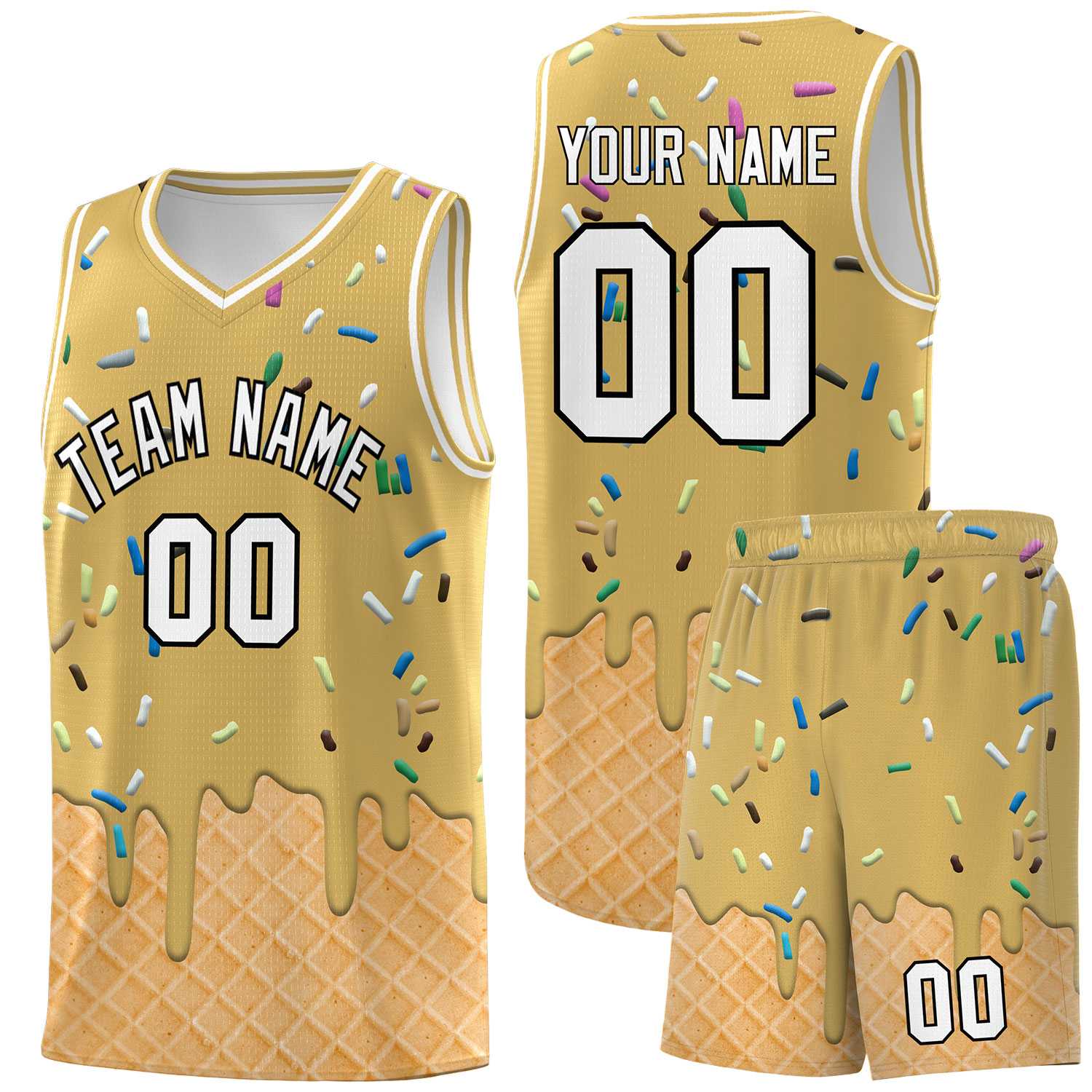 Custom Old Gold Basketball Kits with Ice Cream Element Pattern