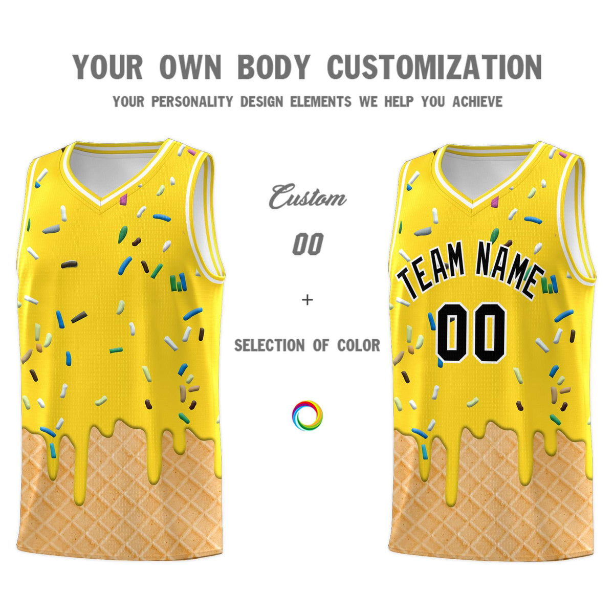Custom Gold Basketball Kits with Ice Cream Element Pattern