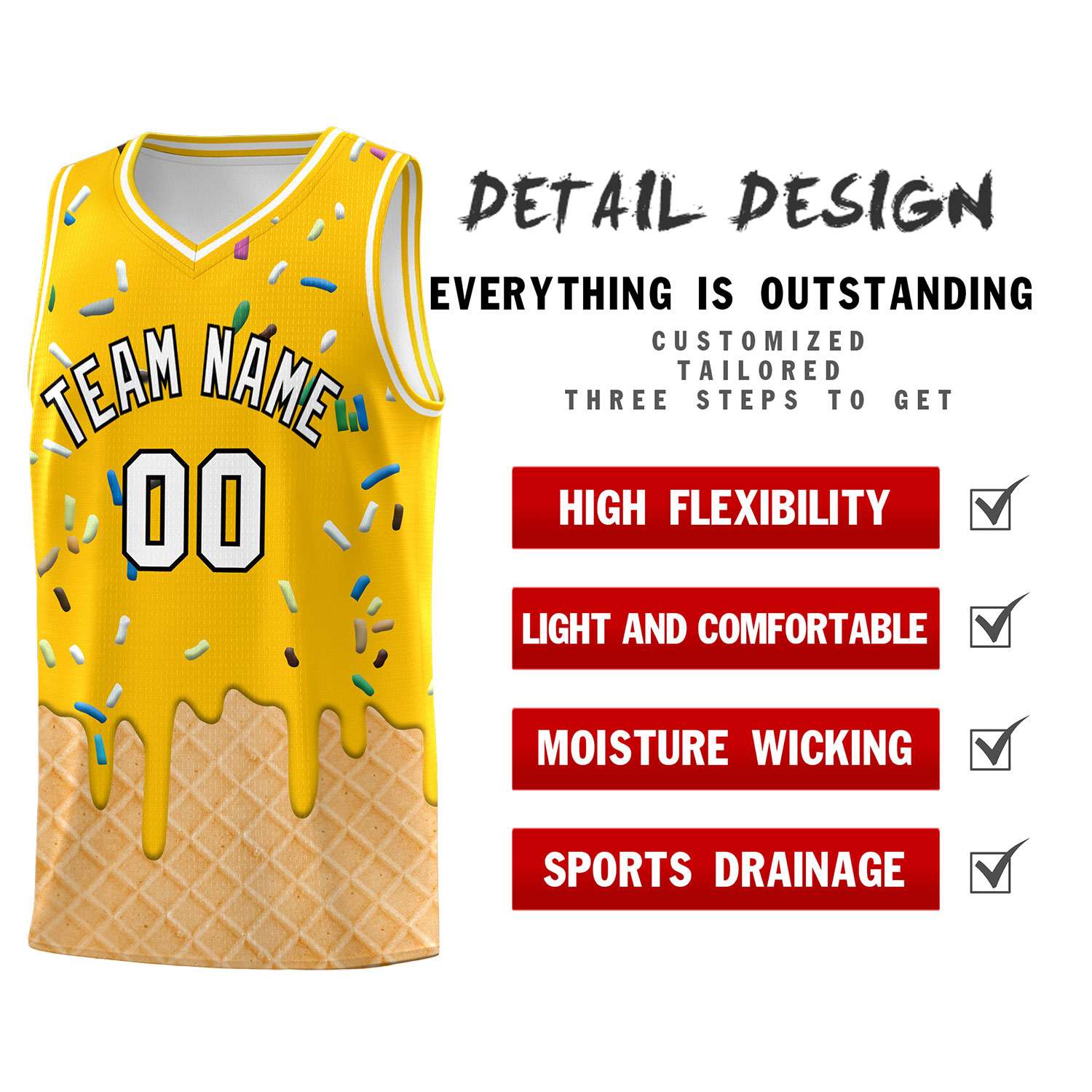 Custom Yellow Basketball Kits with Ice Cream Element Pattern