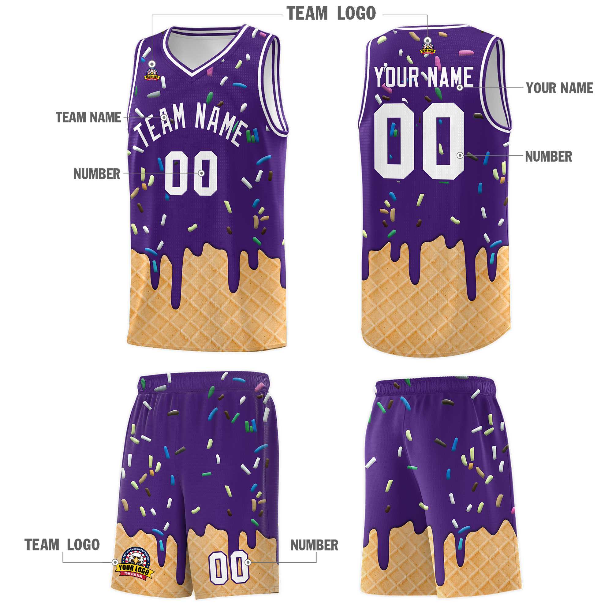 Custom Purple Basketball Kits with Ice Cream Element Pattern