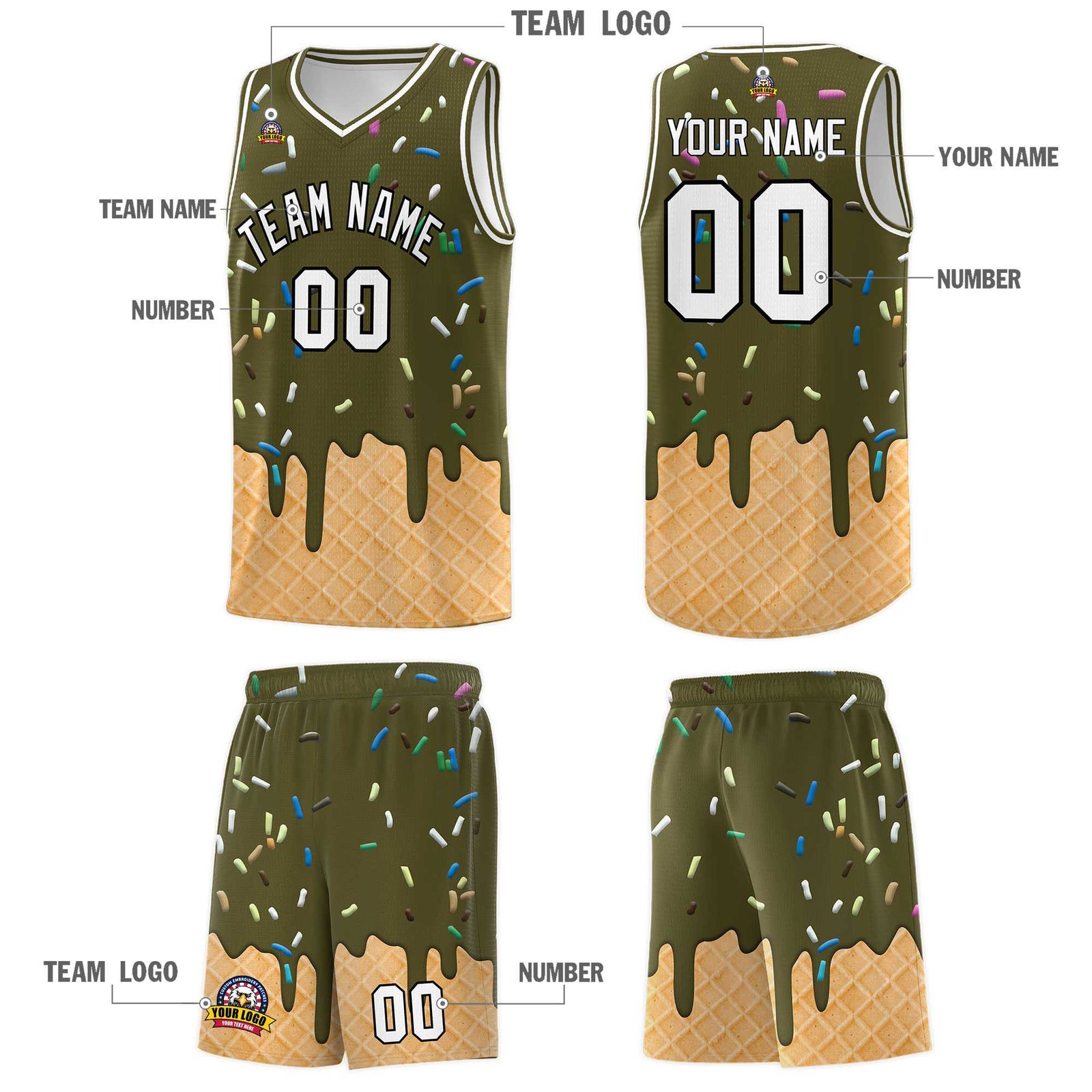Custom Olive Basketball Kits with Ice Cream Element Pattern