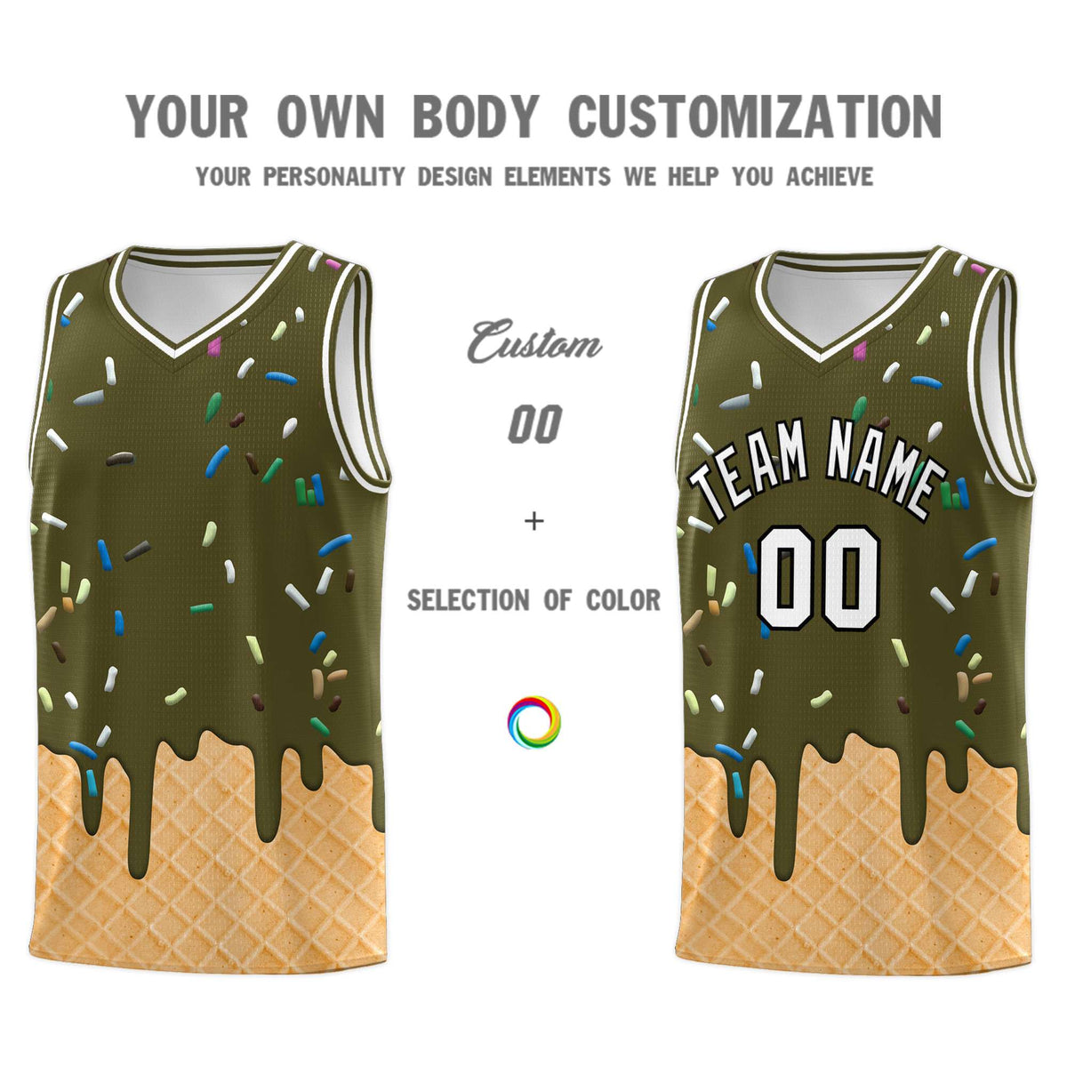 Custom Olive Basketball Kits with Ice Cream Element Pattern