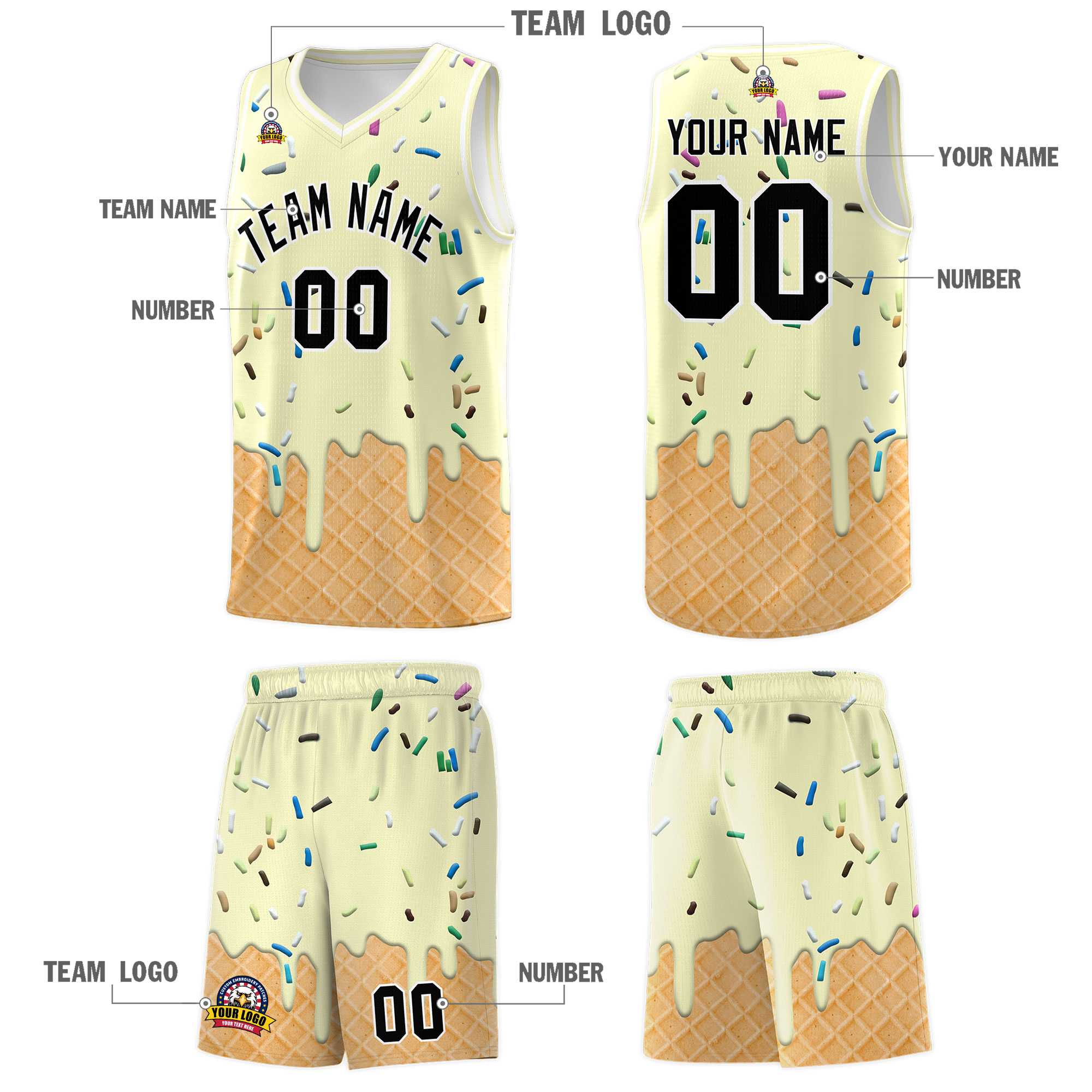 Custom Cream Basketball Kits with Ice Cream Element Pattern