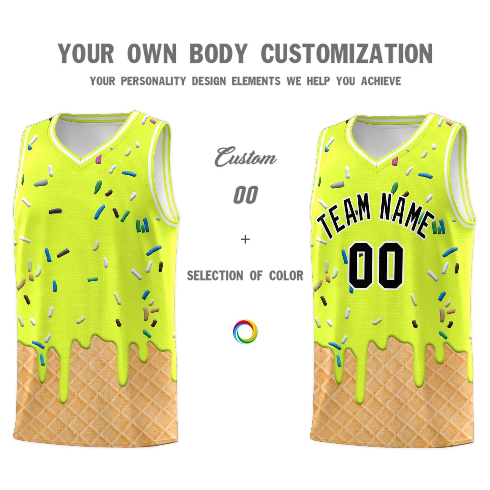 Custom Fluorescent Green Basketball Kits with Ice Cream Element Pattern