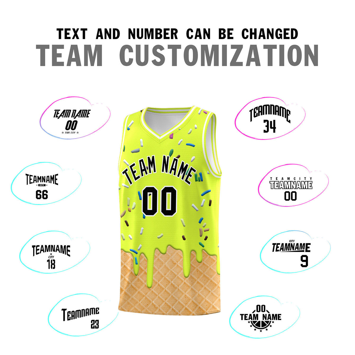 Custom Fluorescent Green Basketball Kits with Ice Cream Element Pattern