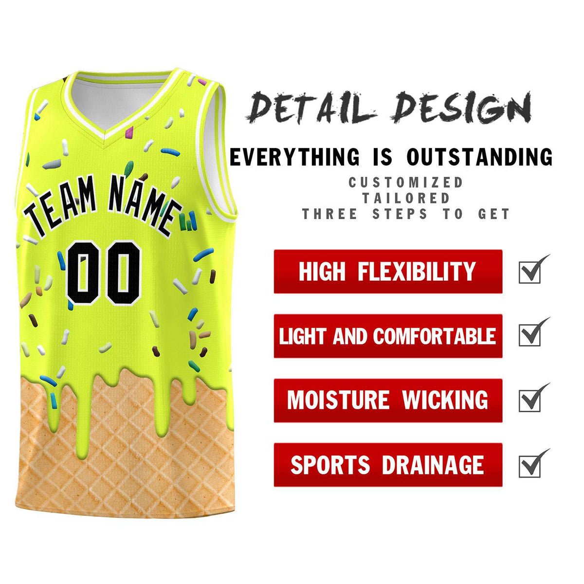 Custom Fluorescent Green Basketball Kits with Ice Cream Element Pattern
