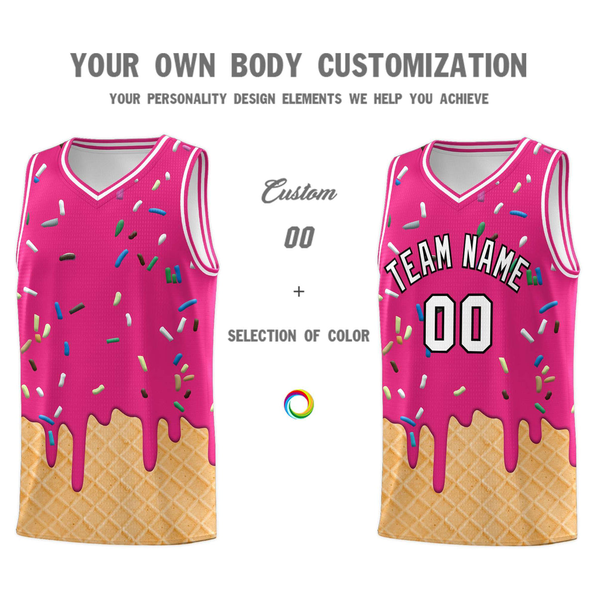 Custom Rose Red Basketball Kits with Ice Cream Element Pattern