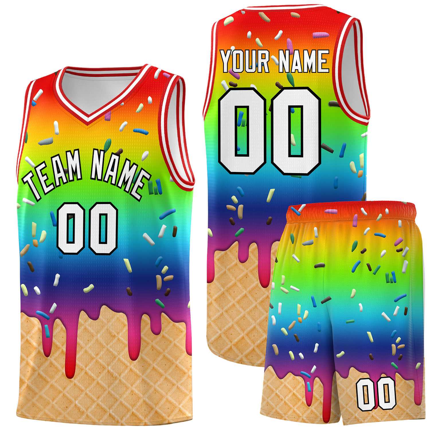 Custom Rainbow Basketball Kits with Ice Cream Element Pattern