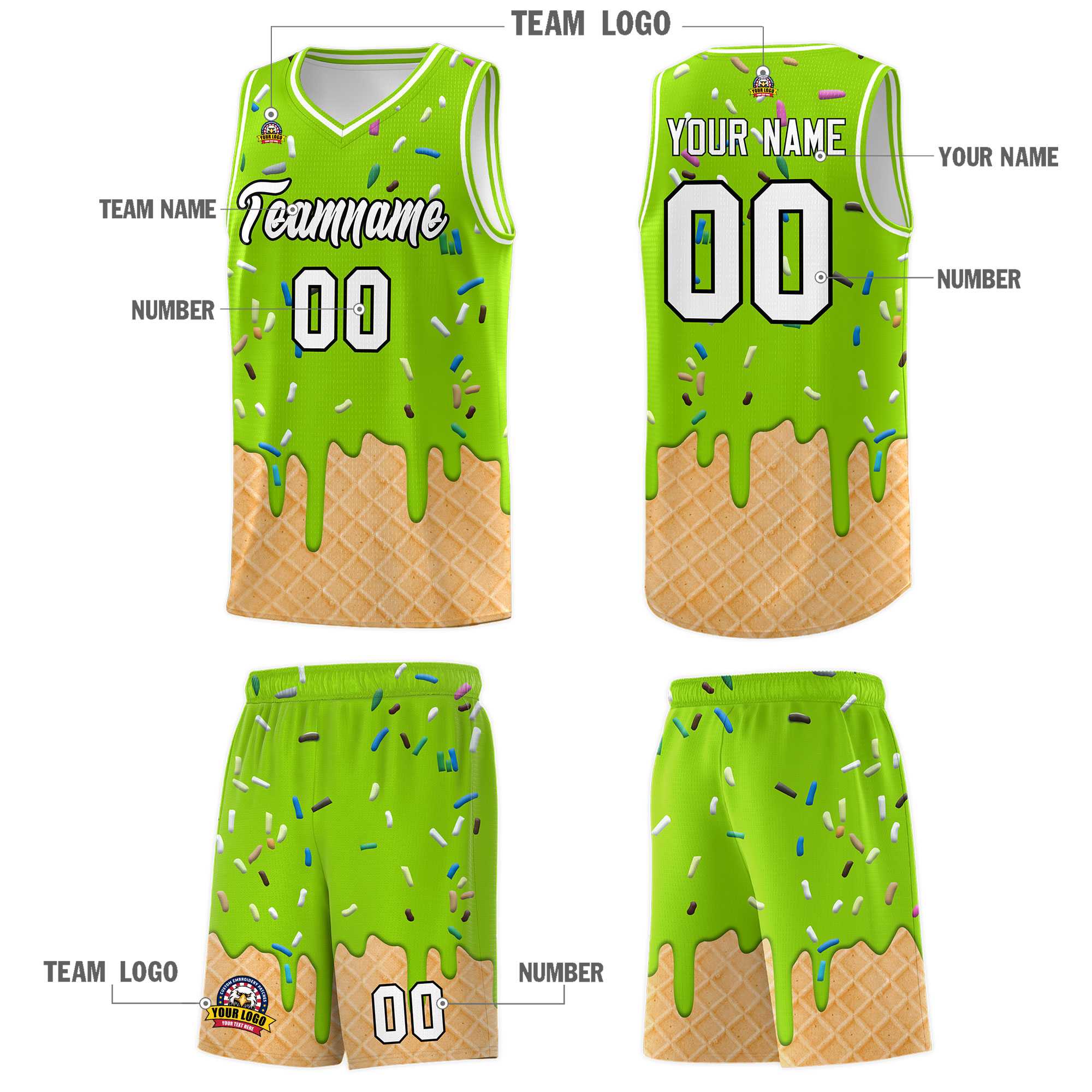Custom Neon Green Basketball Kits with Ice Cream Element Pattern