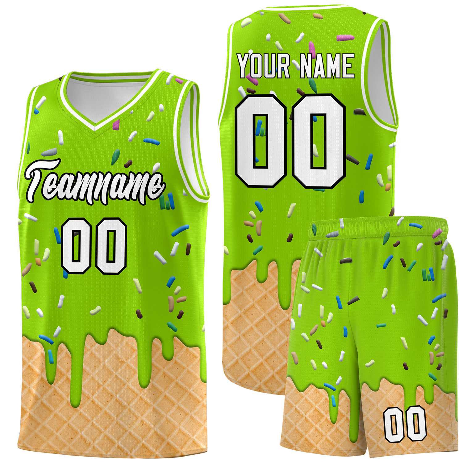 Custom Neon Green Basketball Kits with Ice Cream Element Pattern