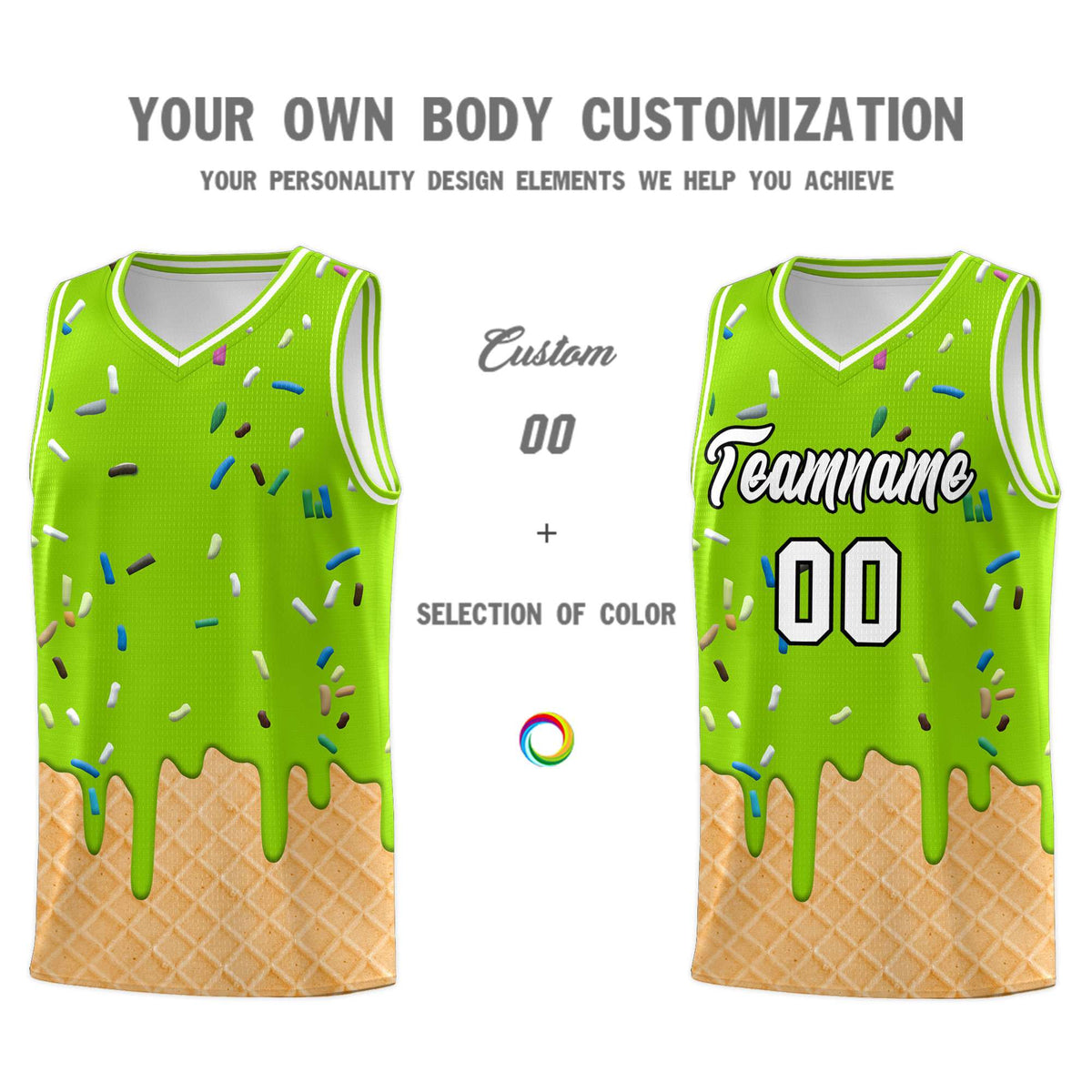 Custom Neon Green Basketball Kits with Ice Cream Element Pattern