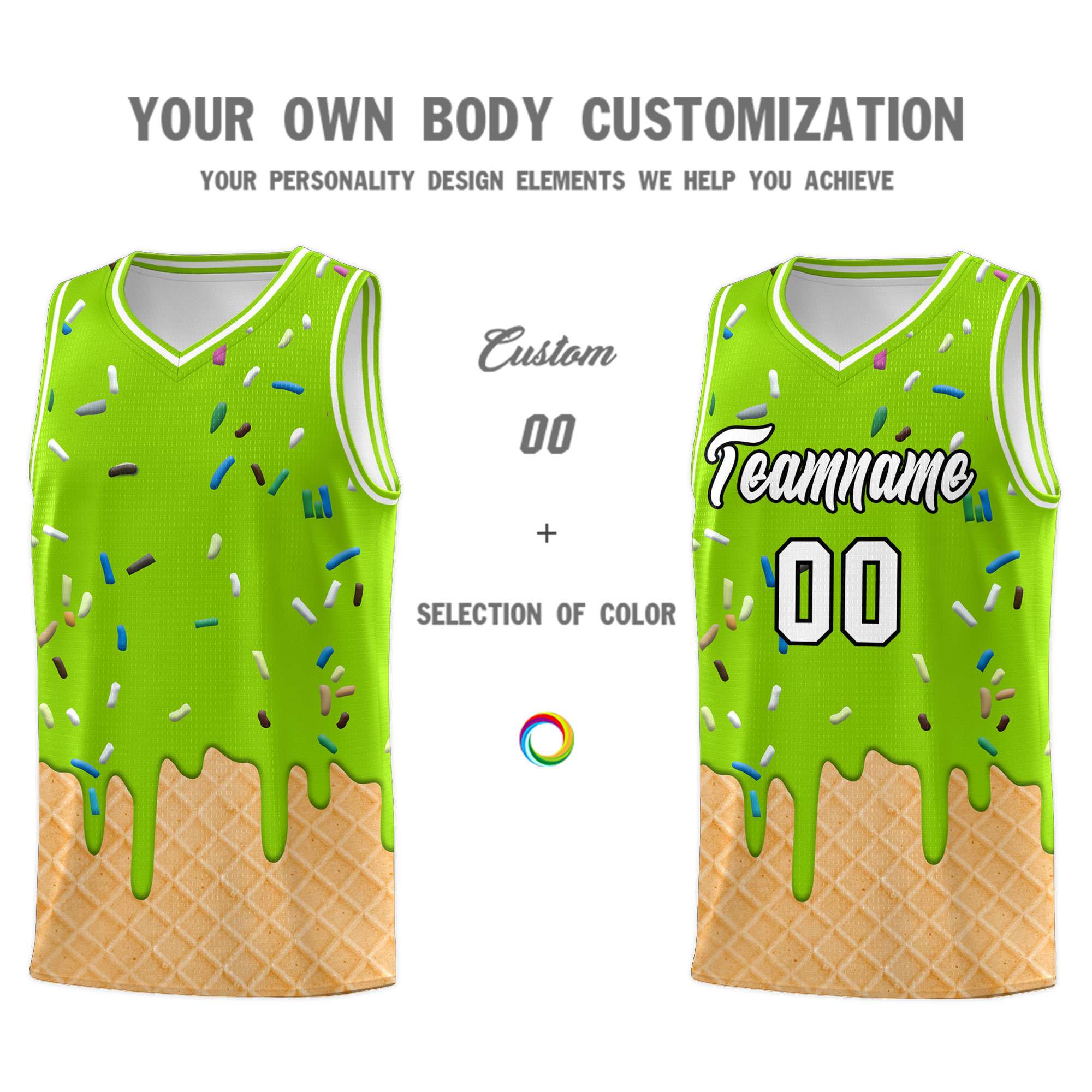 Custom Neon Green Basketball Kits with Ice Cream Element Pattern
