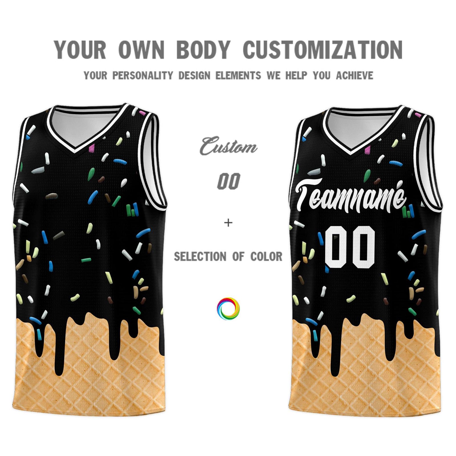 Custom Black Basketball Kits with Ice Cream Element Pattern
