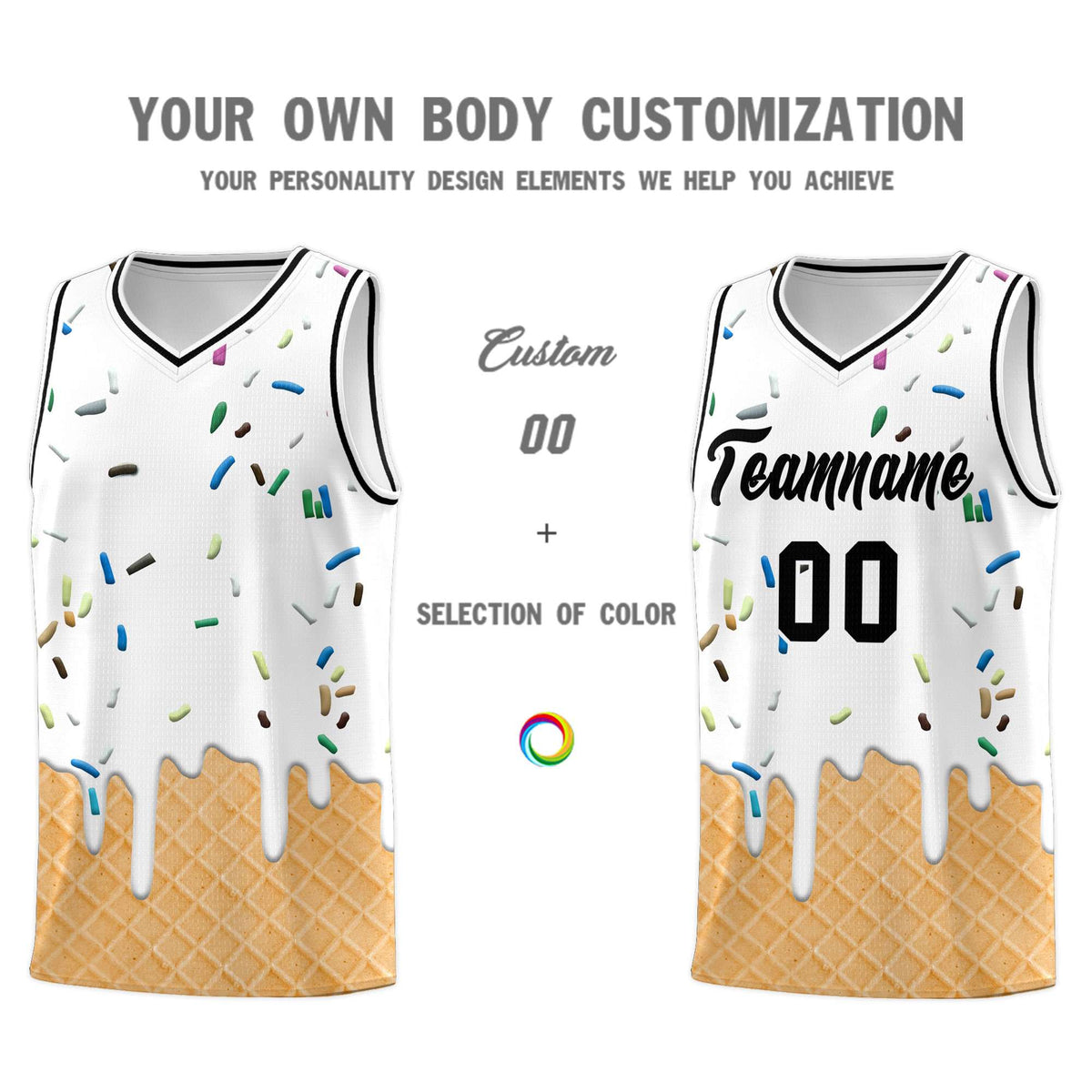 Custom White Basketball Kits with Ice Cream Element Pattern