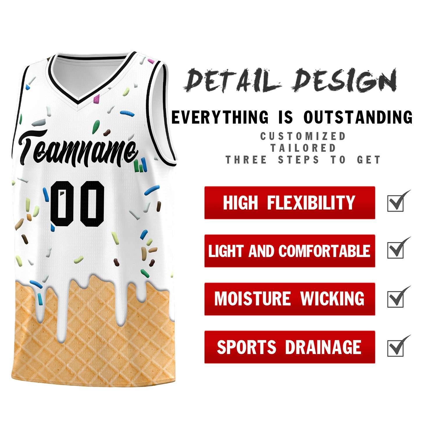 Custom White Basketball Kits with Ice Cream Element Pattern