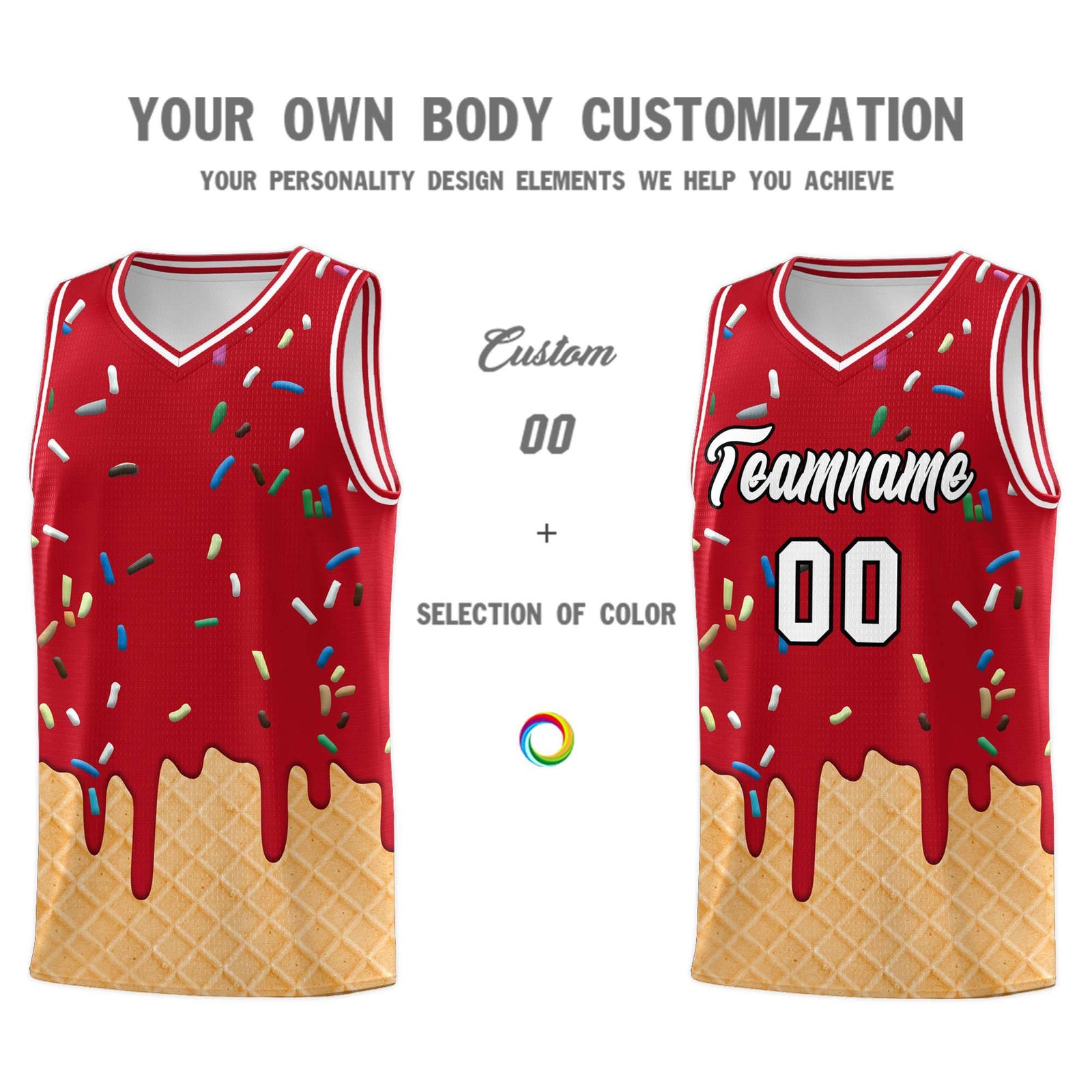 Custom Red Basketball Kits with Ice Cream Element Pattern