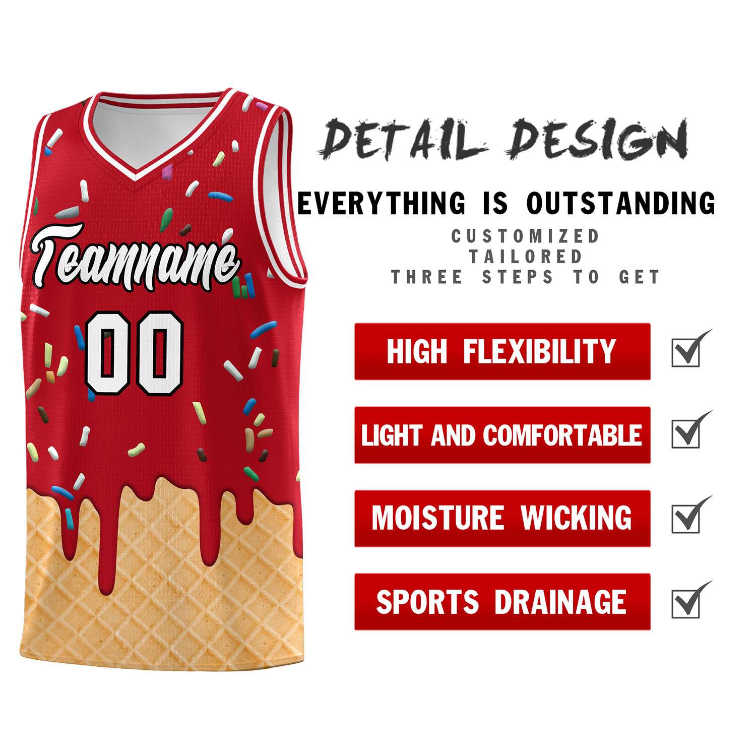 Custom Red Basketball Kits with Ice Cream Element Pattern