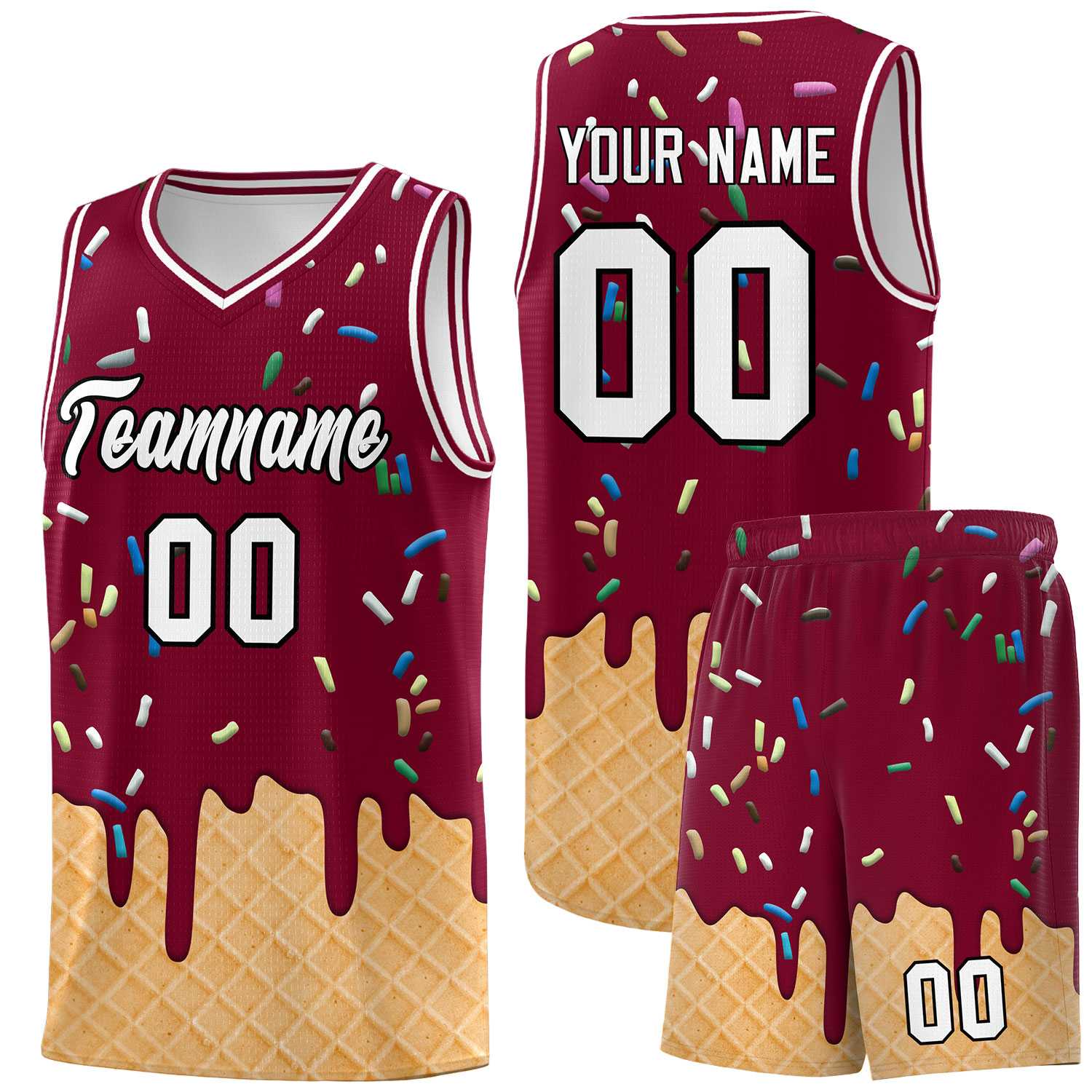 Custom Crimson Basketball Kits with Ice Cream Element Pattern