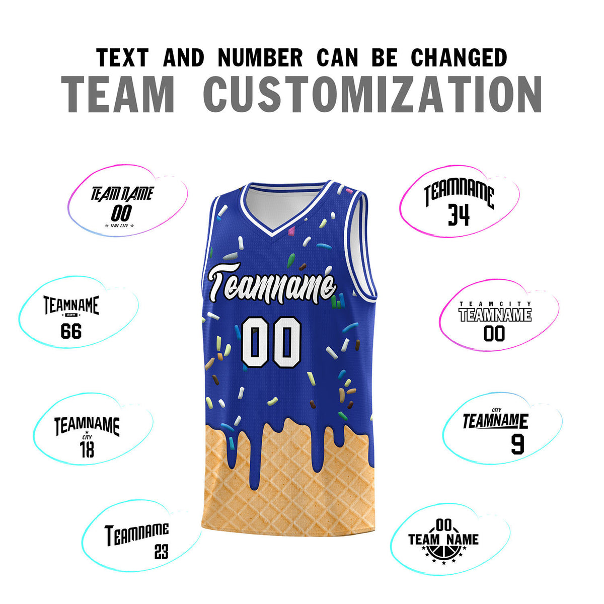 Custom Royal Blue Basketball Kits with Ice Cream Element Pattern