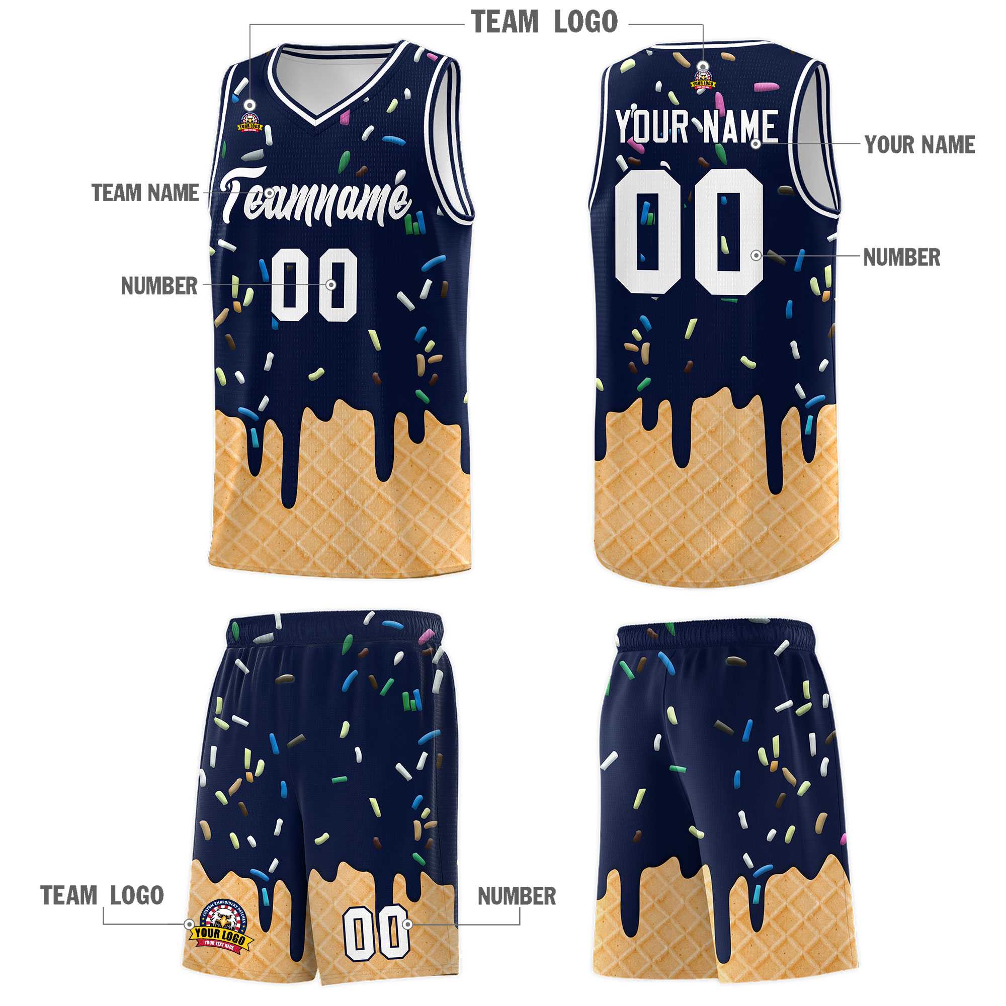 Custom Navy Basketball Kits with Ice Cream Element Pattern