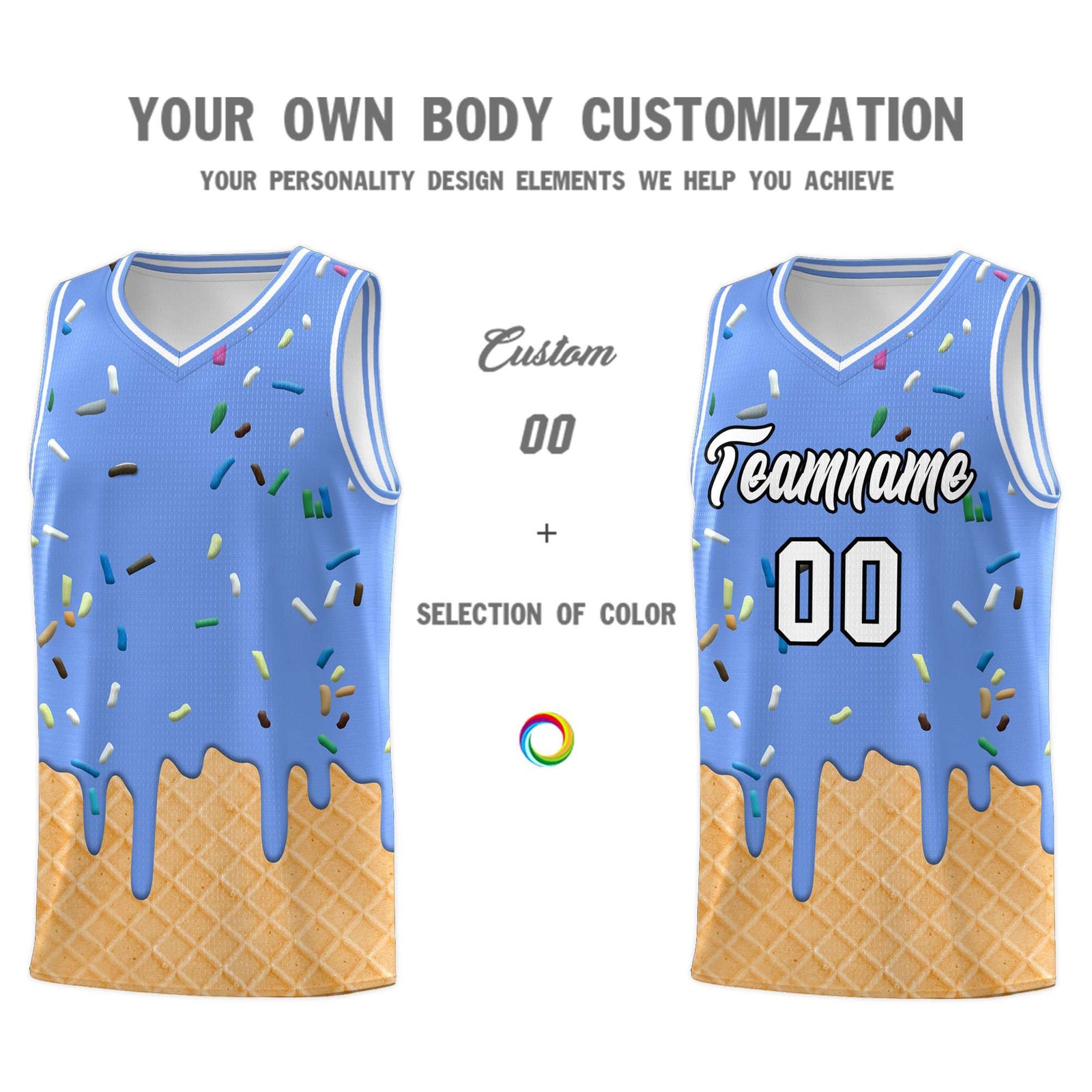 Custom Light Blue Basketball Kits with Ice Cream Element Pattern