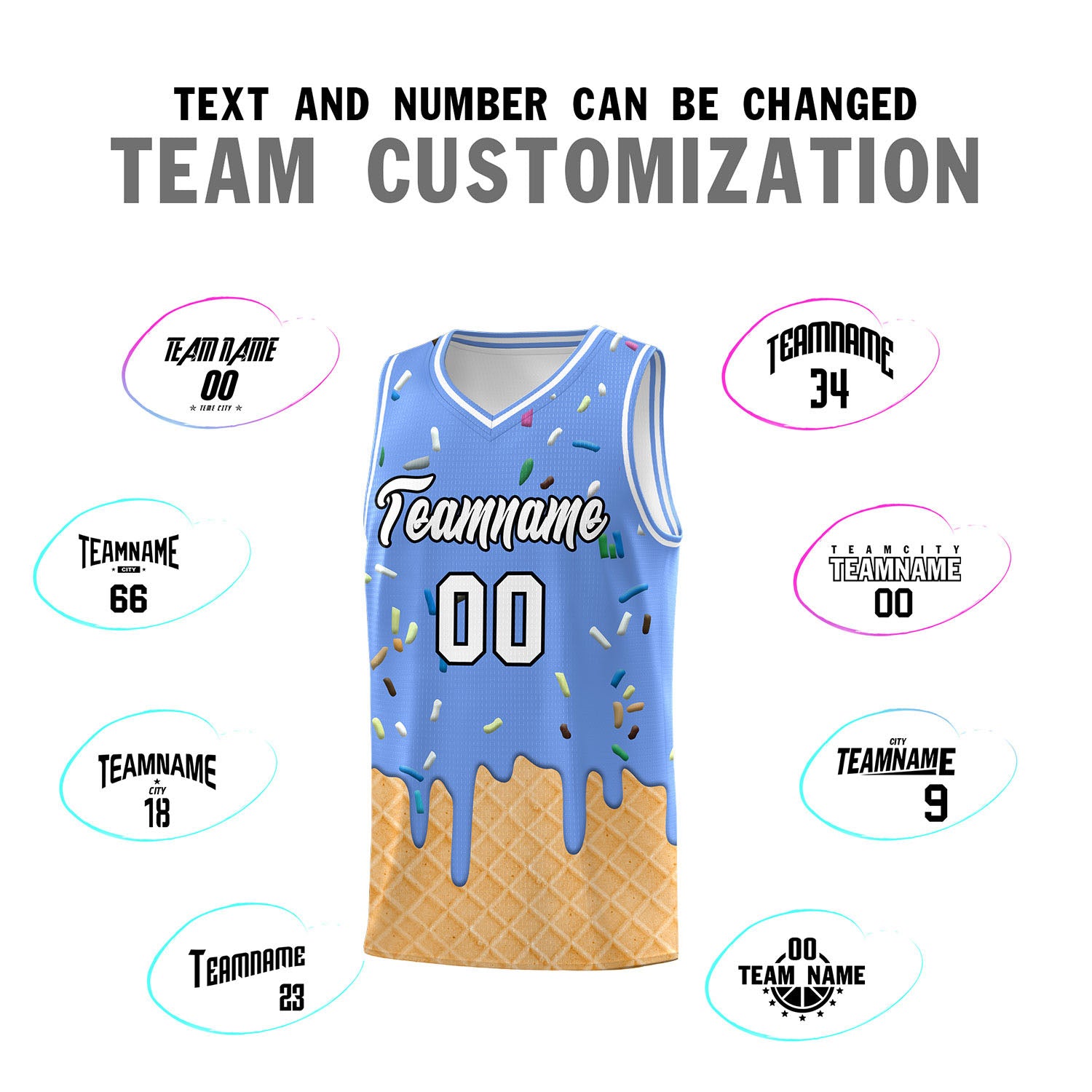 Custom Light Blue Basketball Kits with Ice Cream Element Pattern