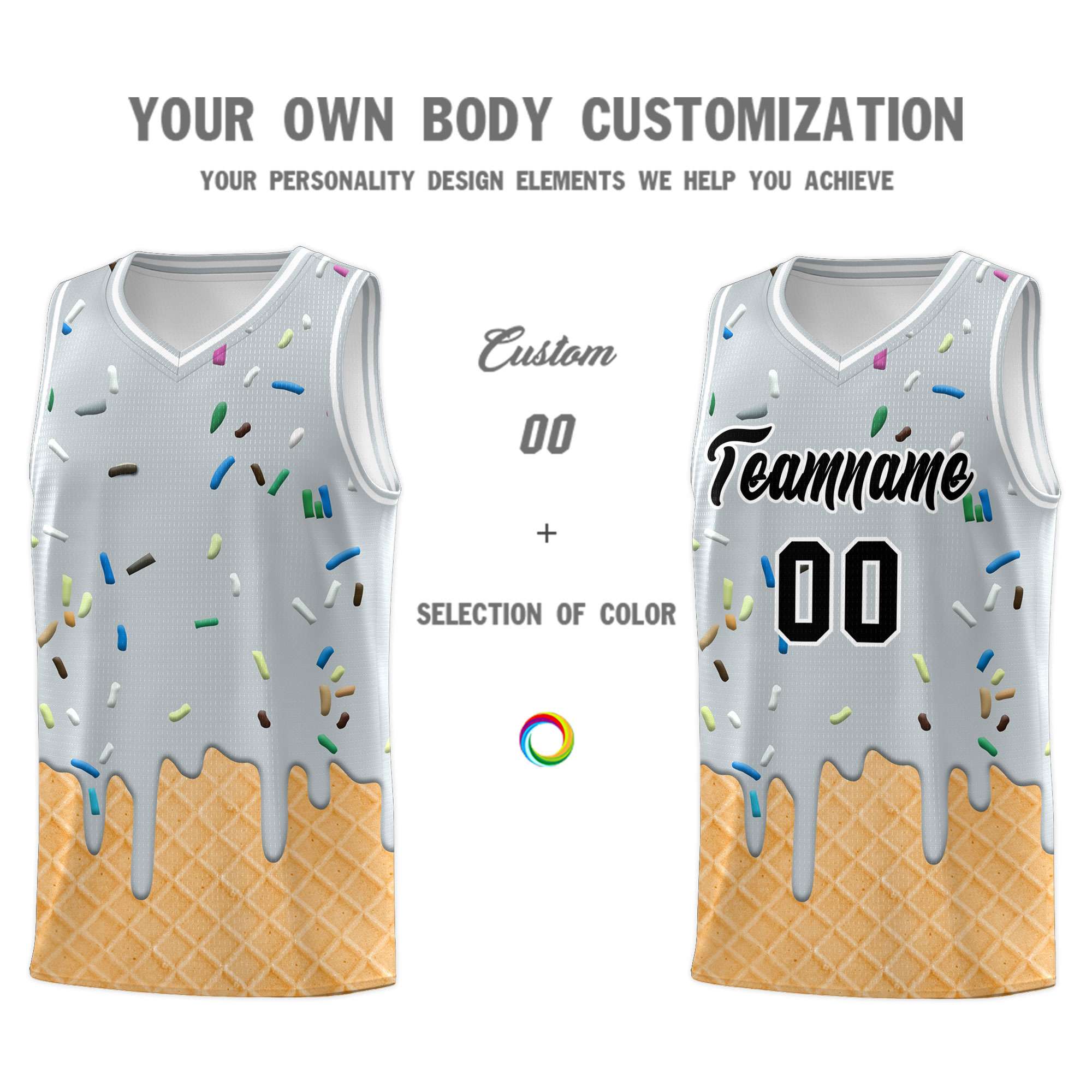 Custom Silver Basketball Kits with Ice Cream Element Pattern