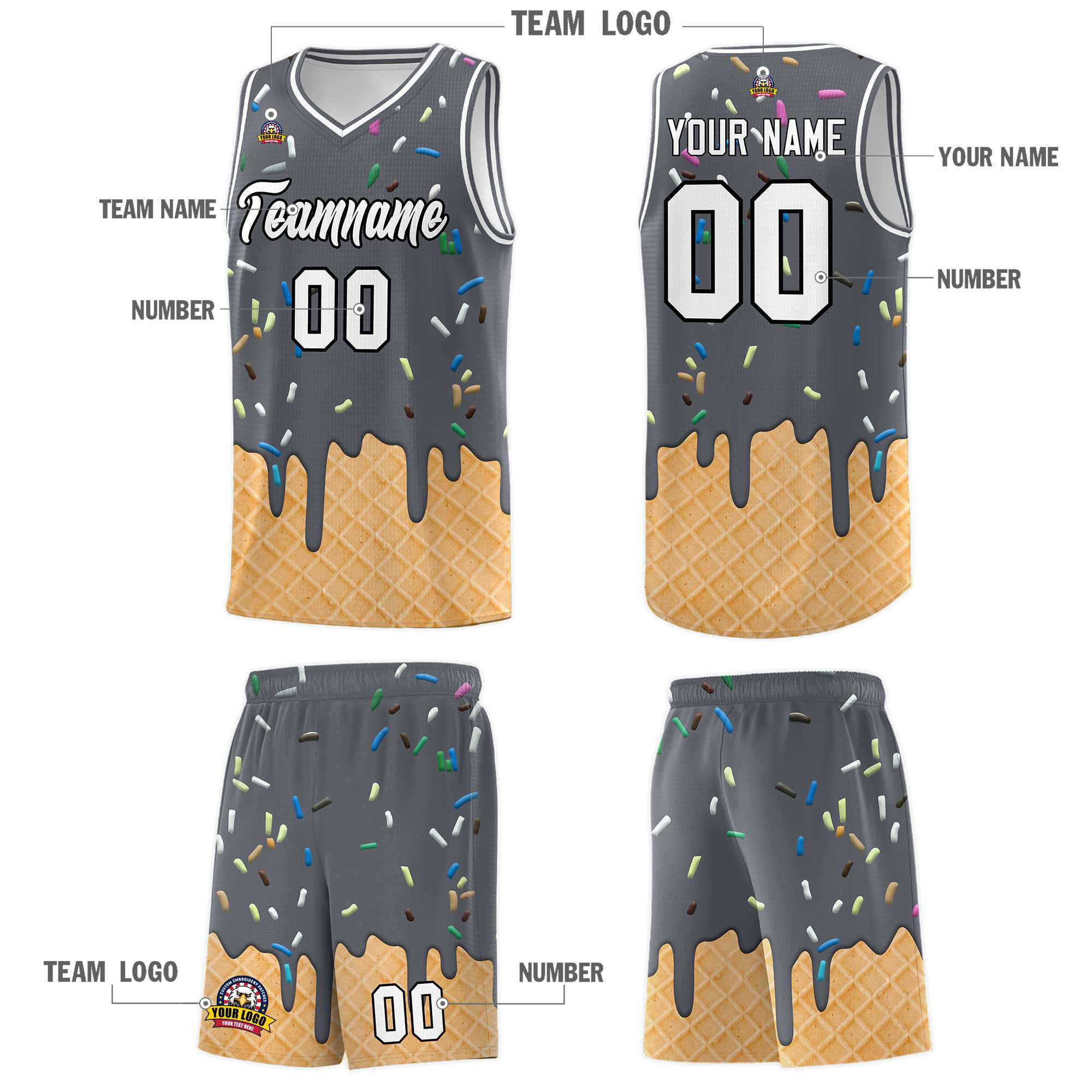 Custom Gray Basketball Kits with Ice Cream Element Pattern