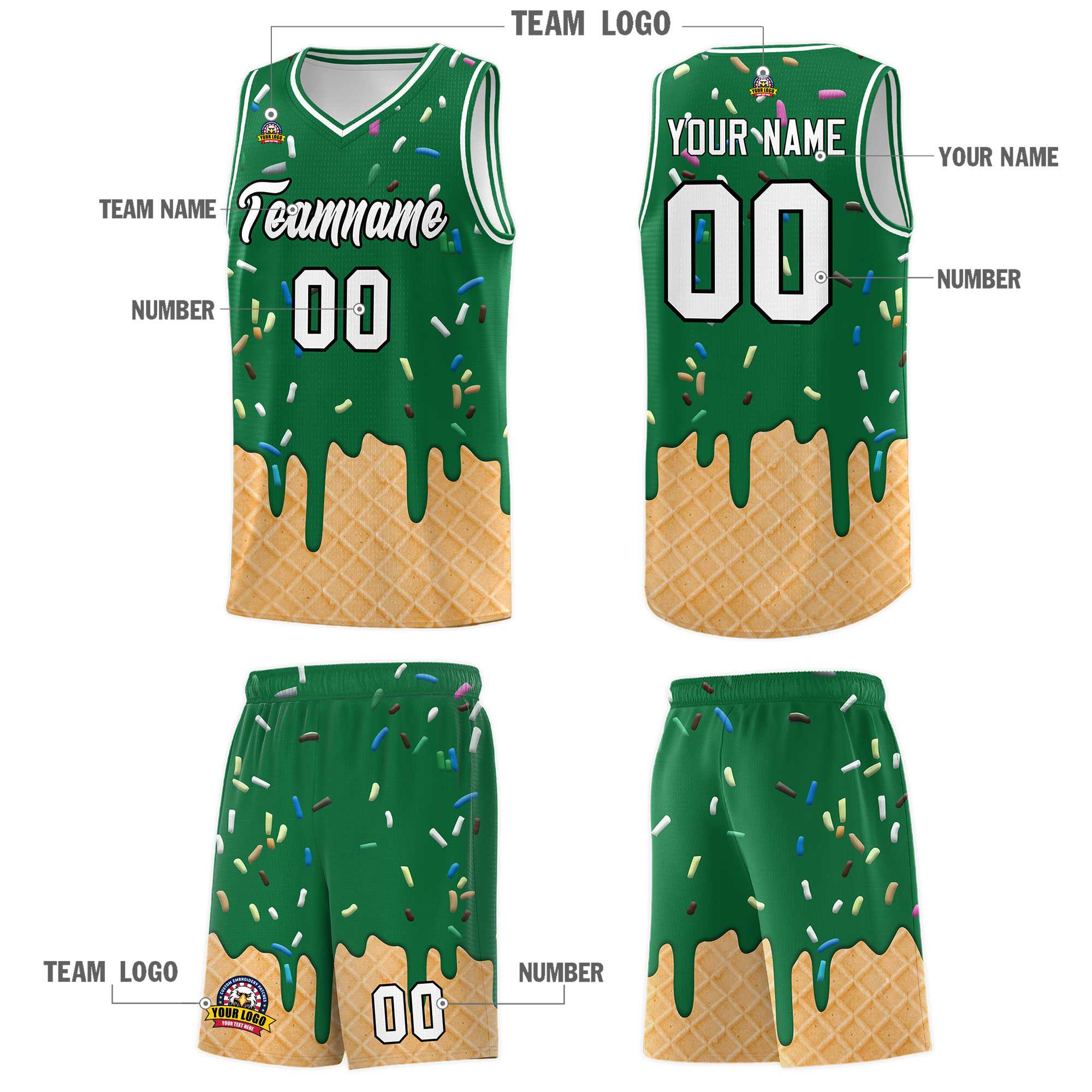 Custom Kelly Green Basketball Kits with Ice Cream Element Pattern