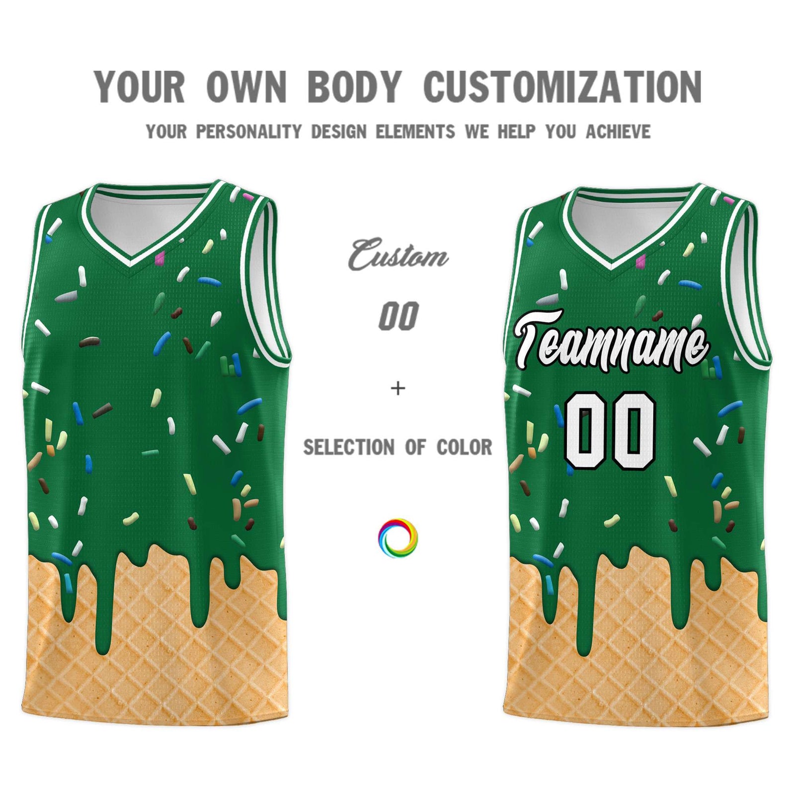 Custom Kelly Green Basketball Kits with Ice Cream Element Pattern