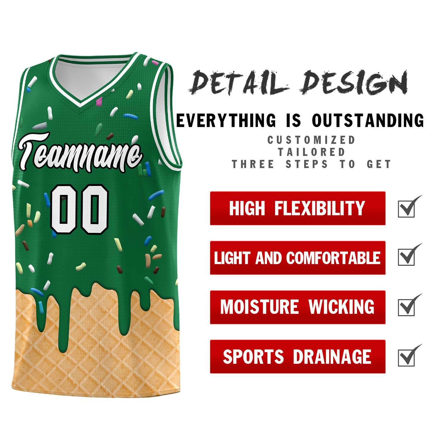 Custom Kelly Green Basketball Kits with Ice Cream Element Pattern