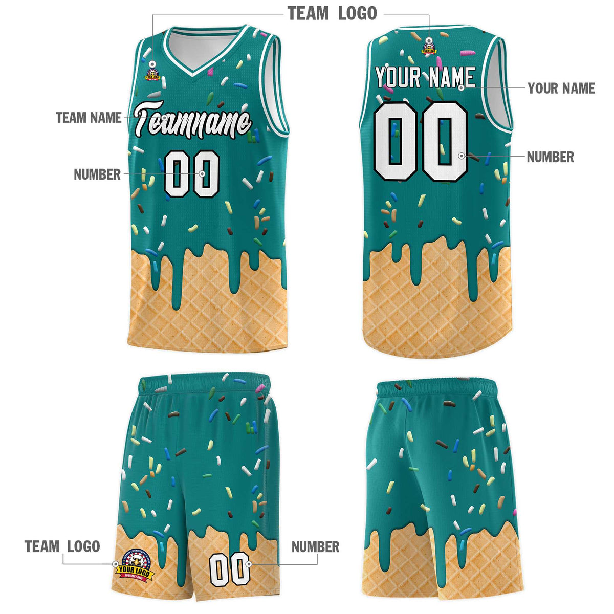 Custom Teal Basketball Kits with Ice Cream Element Pattern
