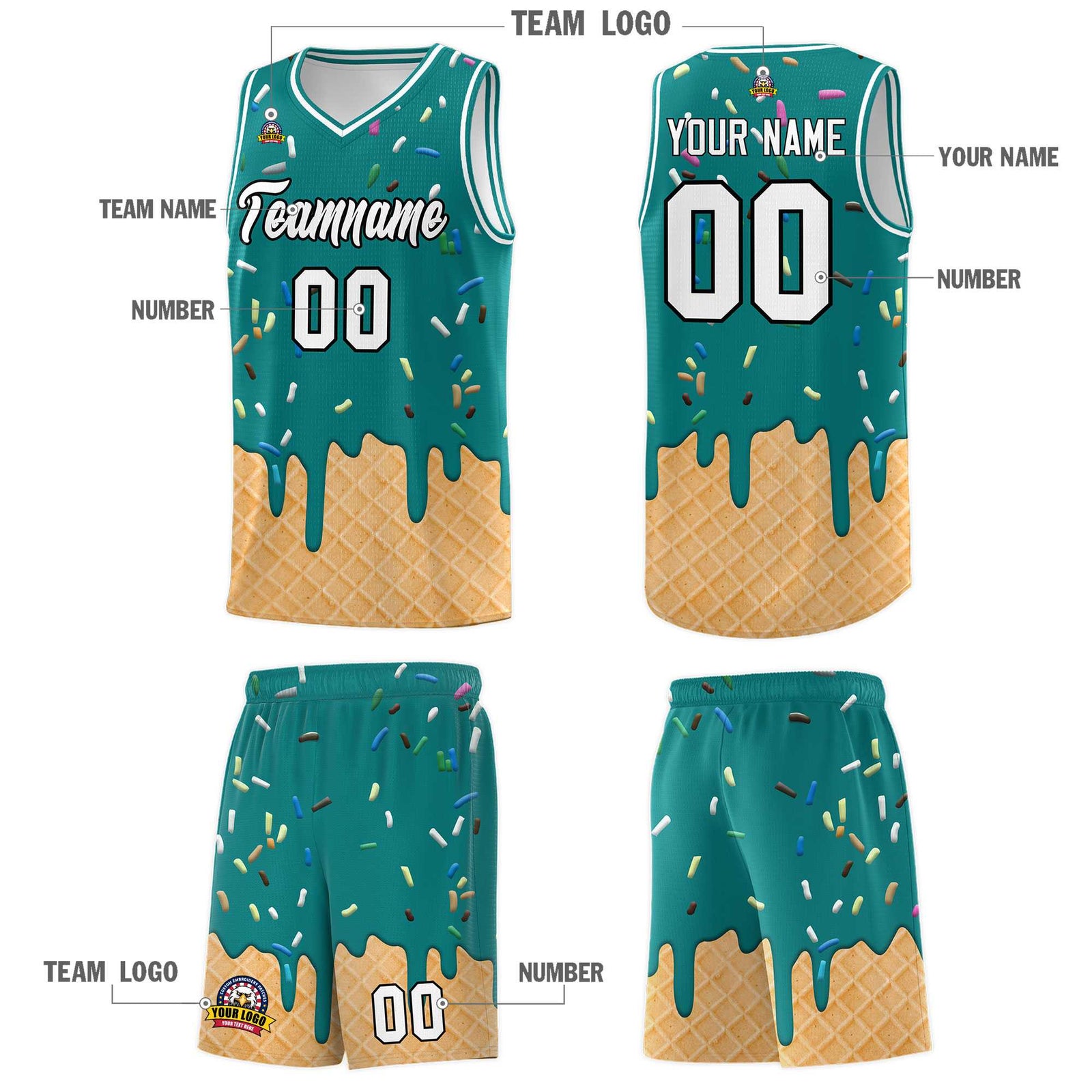 Custom Teal Basketball Kits with Ice Cream Element Pattern