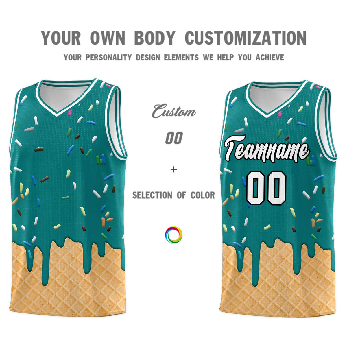 Custom Teal Basketball Kits with Ice Cream Element Pattern