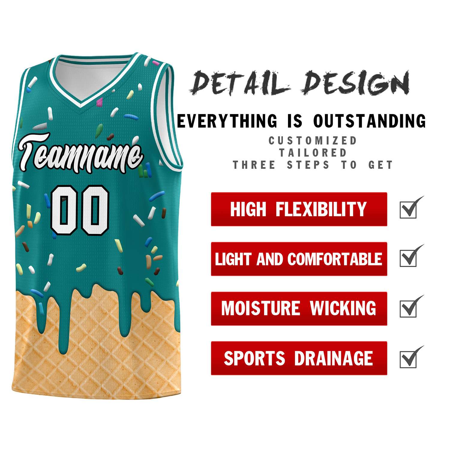 Custom Teal Basketball Kits with Ice Cream Element Pattern