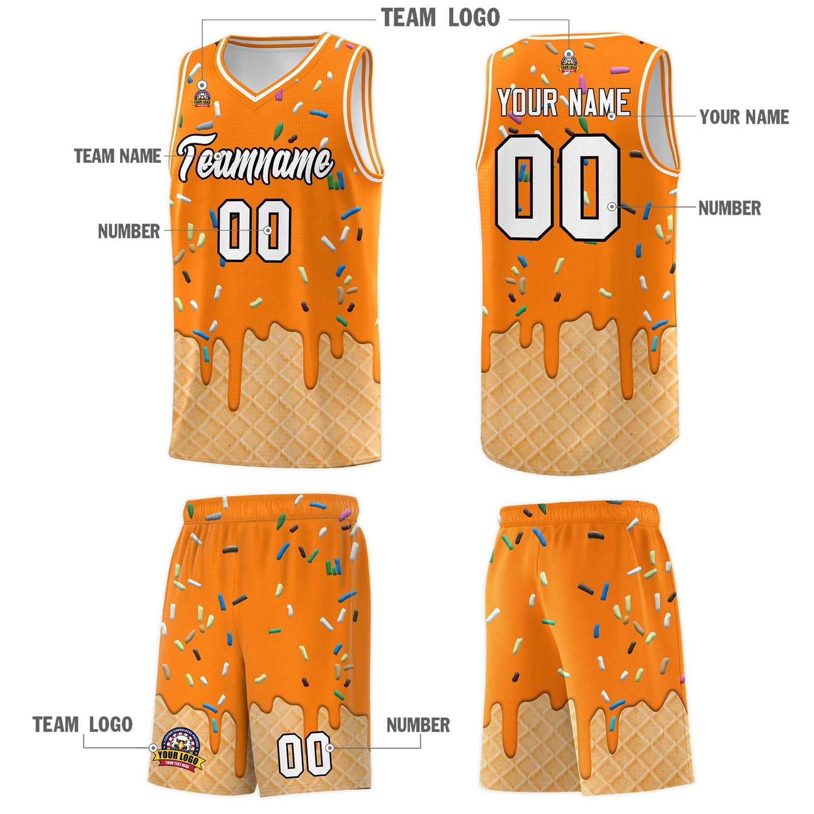 Custom Orange Basketball Kits with Ice Cream Element Pattern