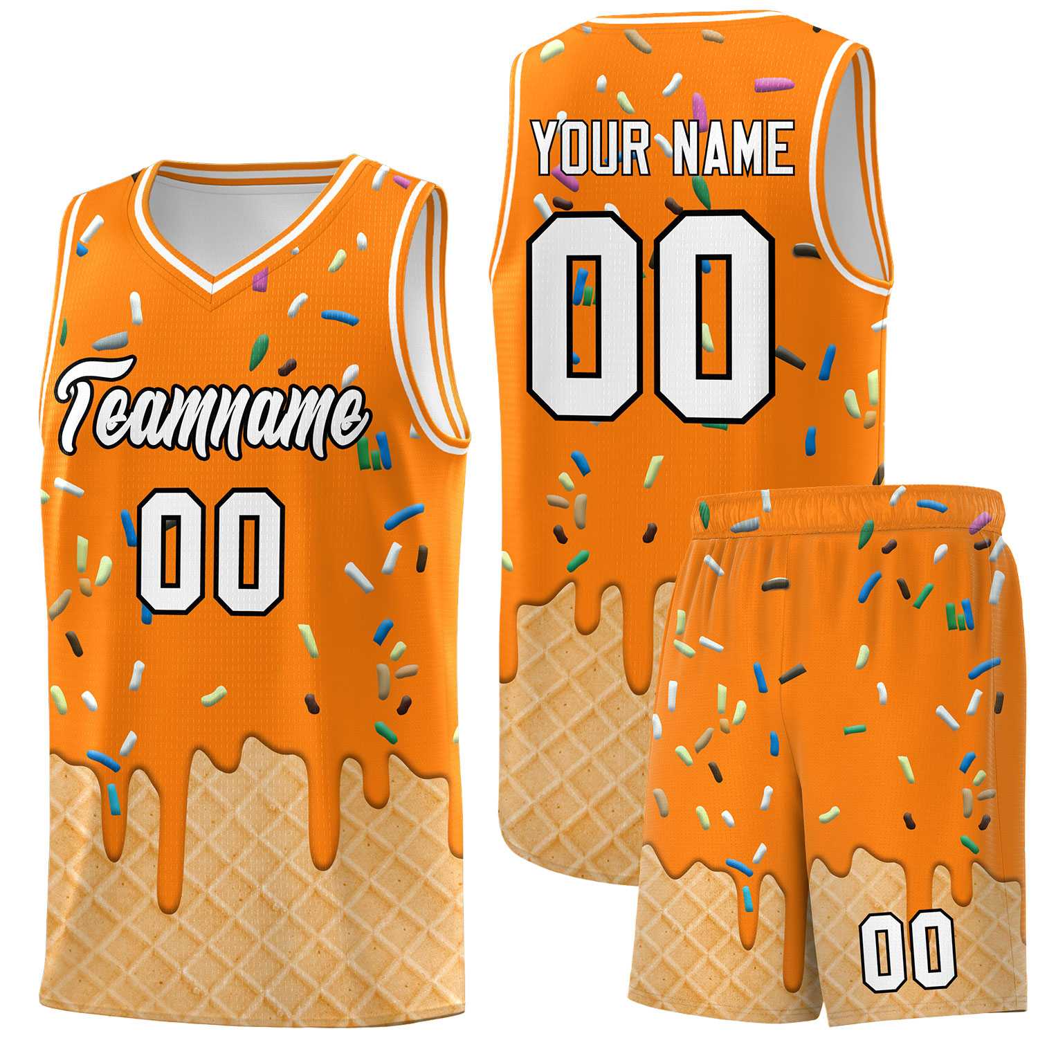 Custom Orange Basketball Kits with Ice Cream Element Pattern