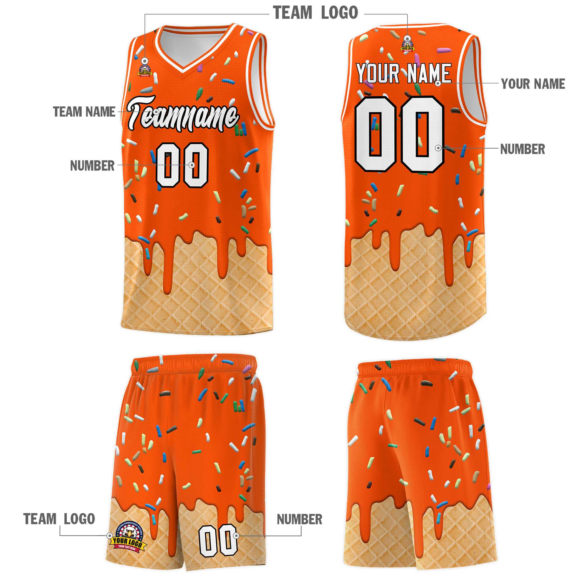 Custom Orange Basketball Kits with Ice Cream Element Pattern