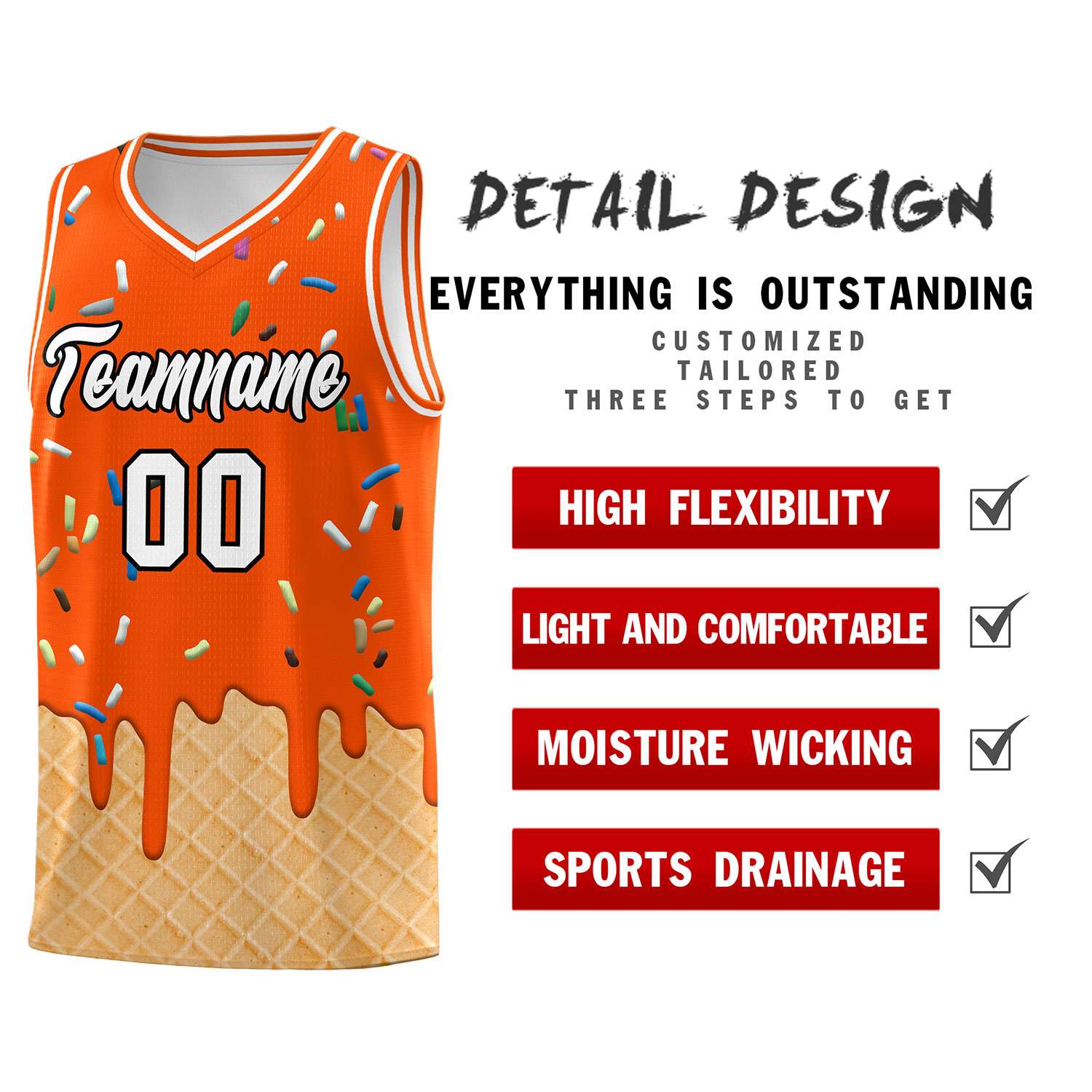 Custom Orange Basketball Kits with Ice Cream Element Pattern