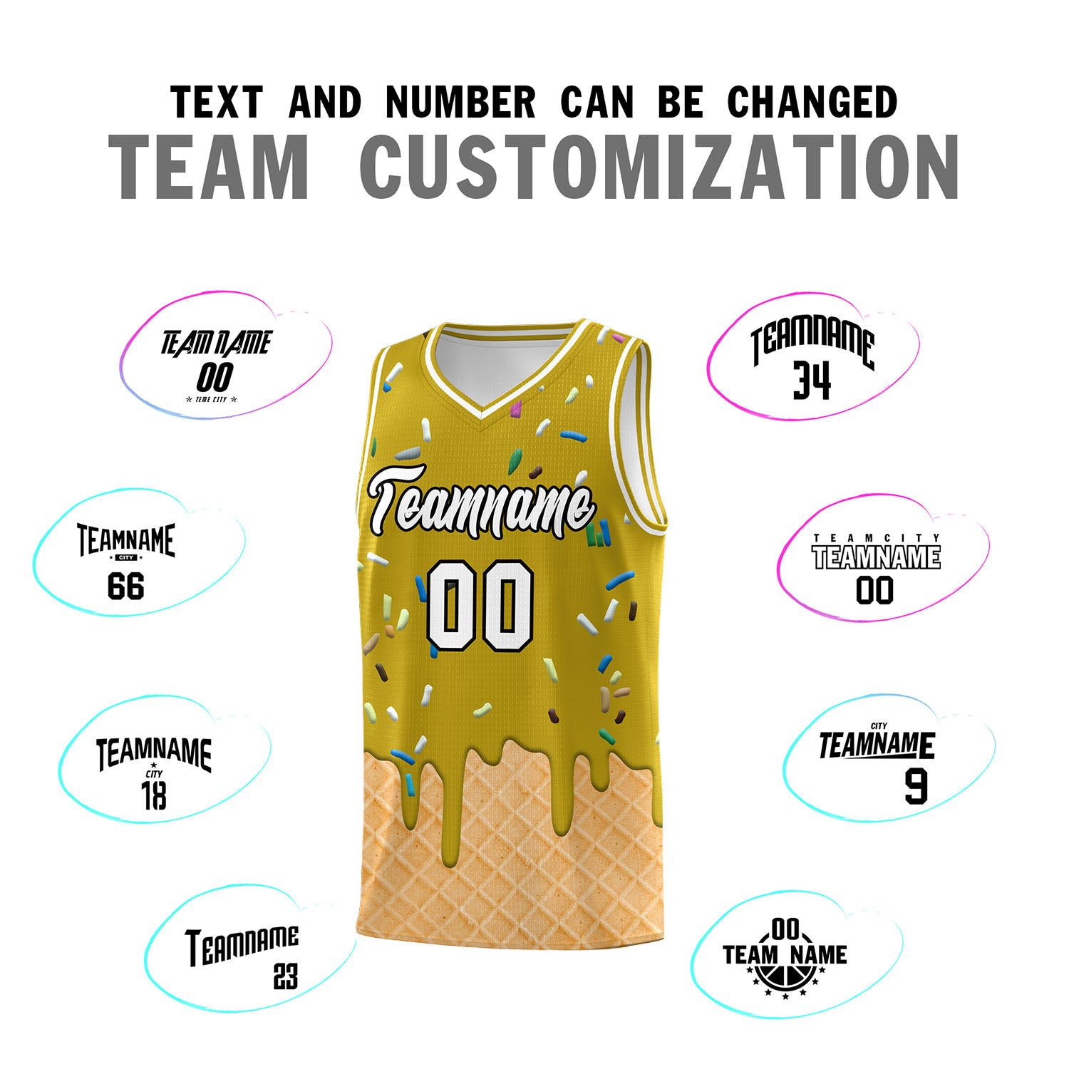 Custom Old Gold Basketball Kits with Ice Cream Element Pattern