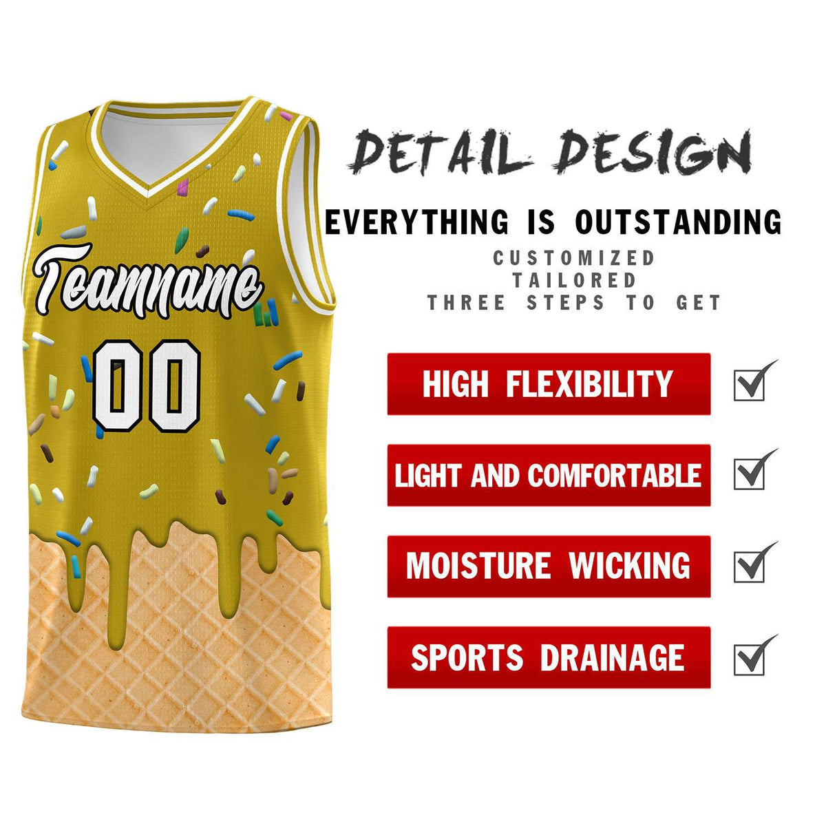 Custom Old Gold Basketball Kits with Ice Cream Element Pattern