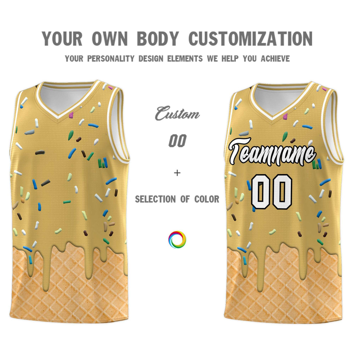 Custom Old Gold Basketball Kits with Ice Cream Element Pattern