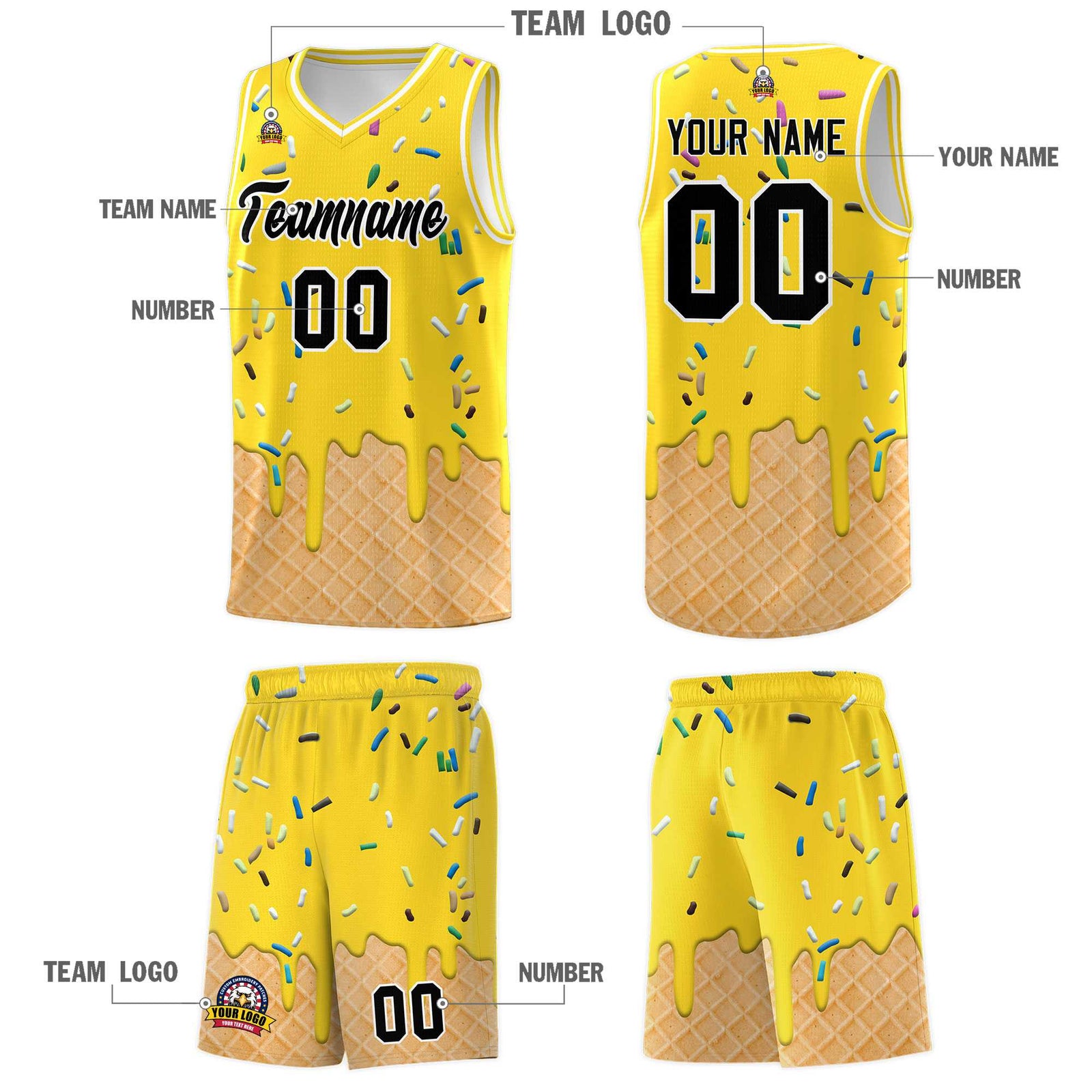 Custom Gold Basketball Kits with Ice Cream Element Pattern
