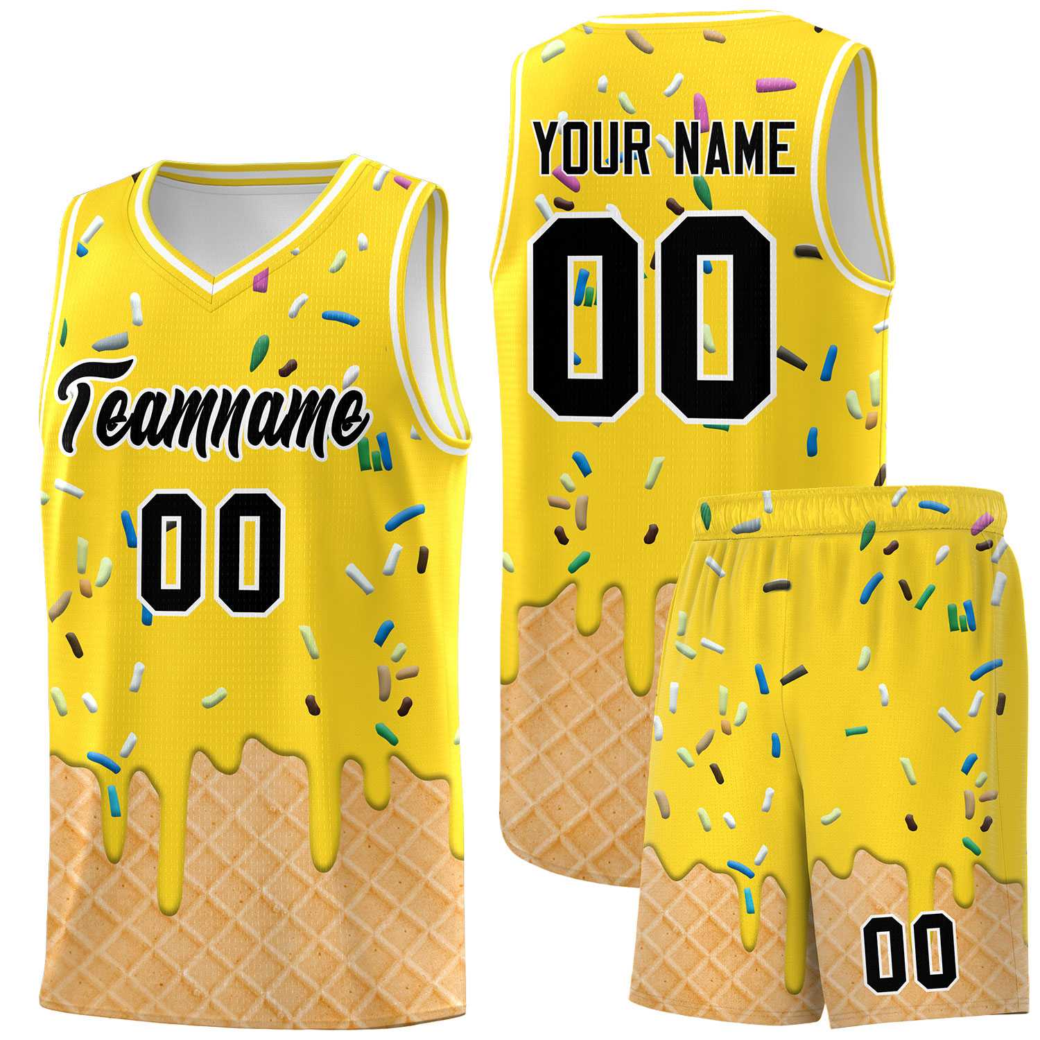 Custom Gold Basketball Kits with Ice Cream Element Pattern